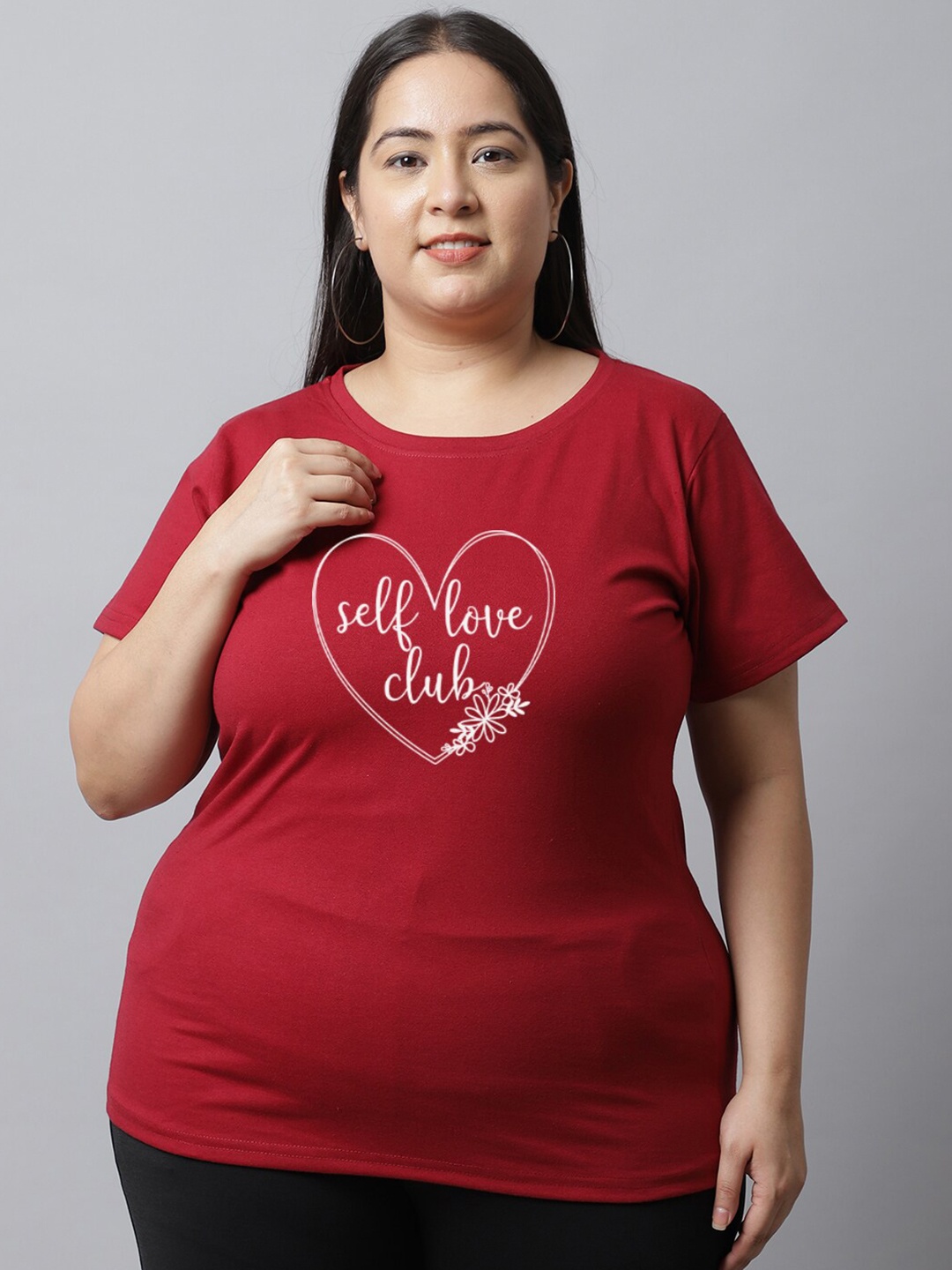 

UnaOne Plus Size Women Typography Printed Pure Cotton Slim Fit T-shirt, Maroon