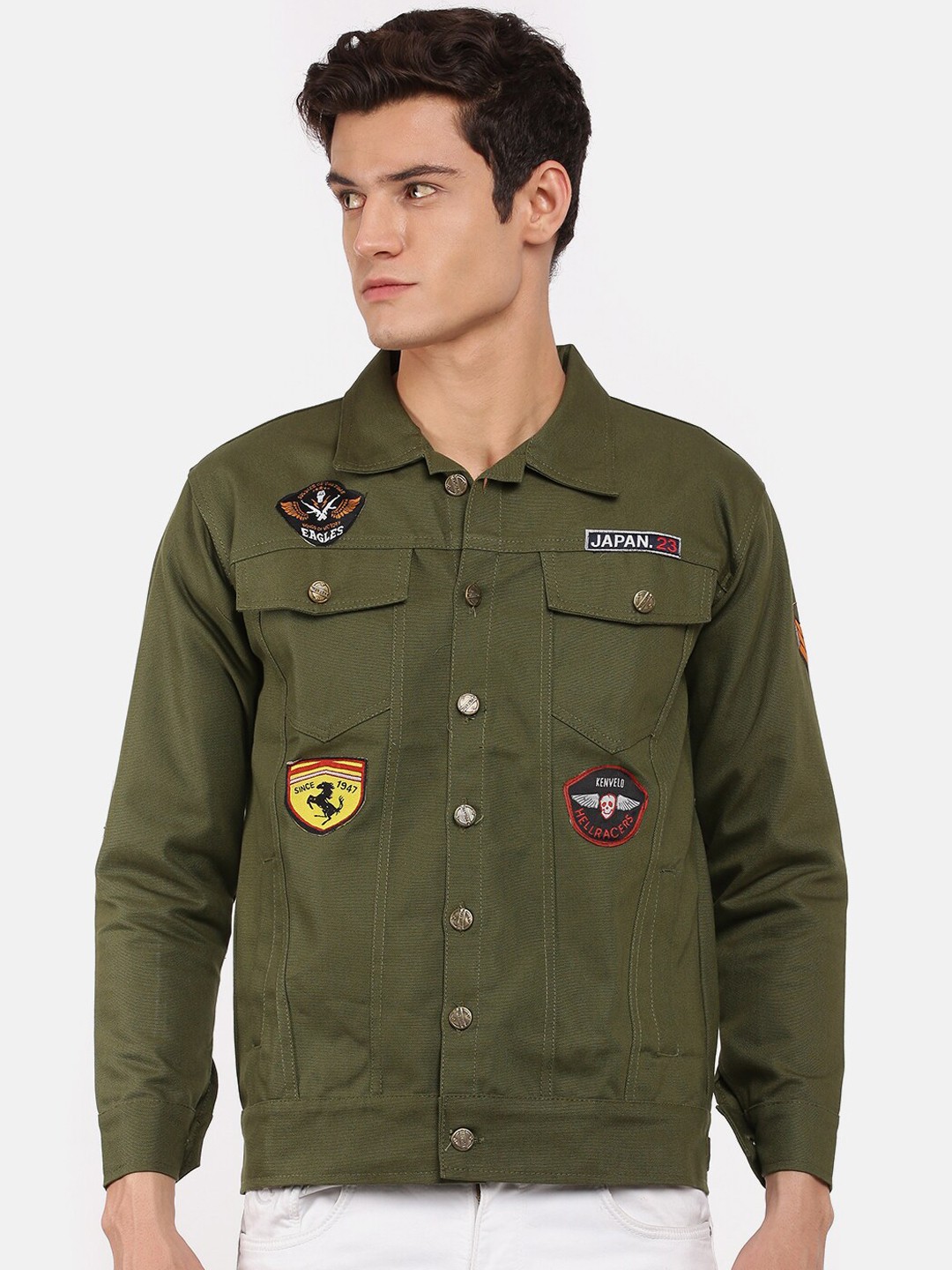 

VOXATI Men Olive Green Crop Bomber with Patchwork Jacket