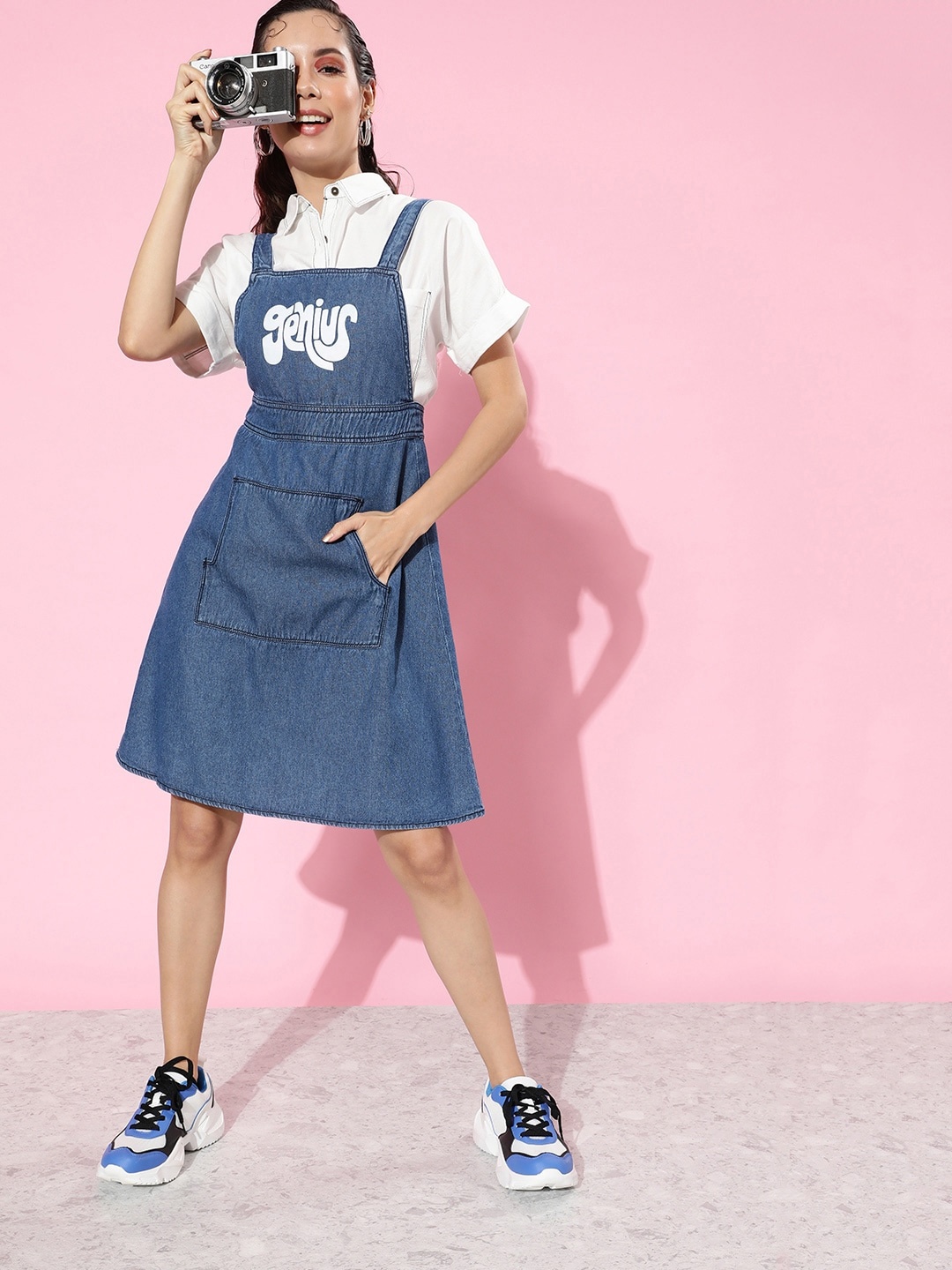 

HERE&NOW Powder Blue Retro Optimism Twofer Takes Chambray Printed Pinafore Dress