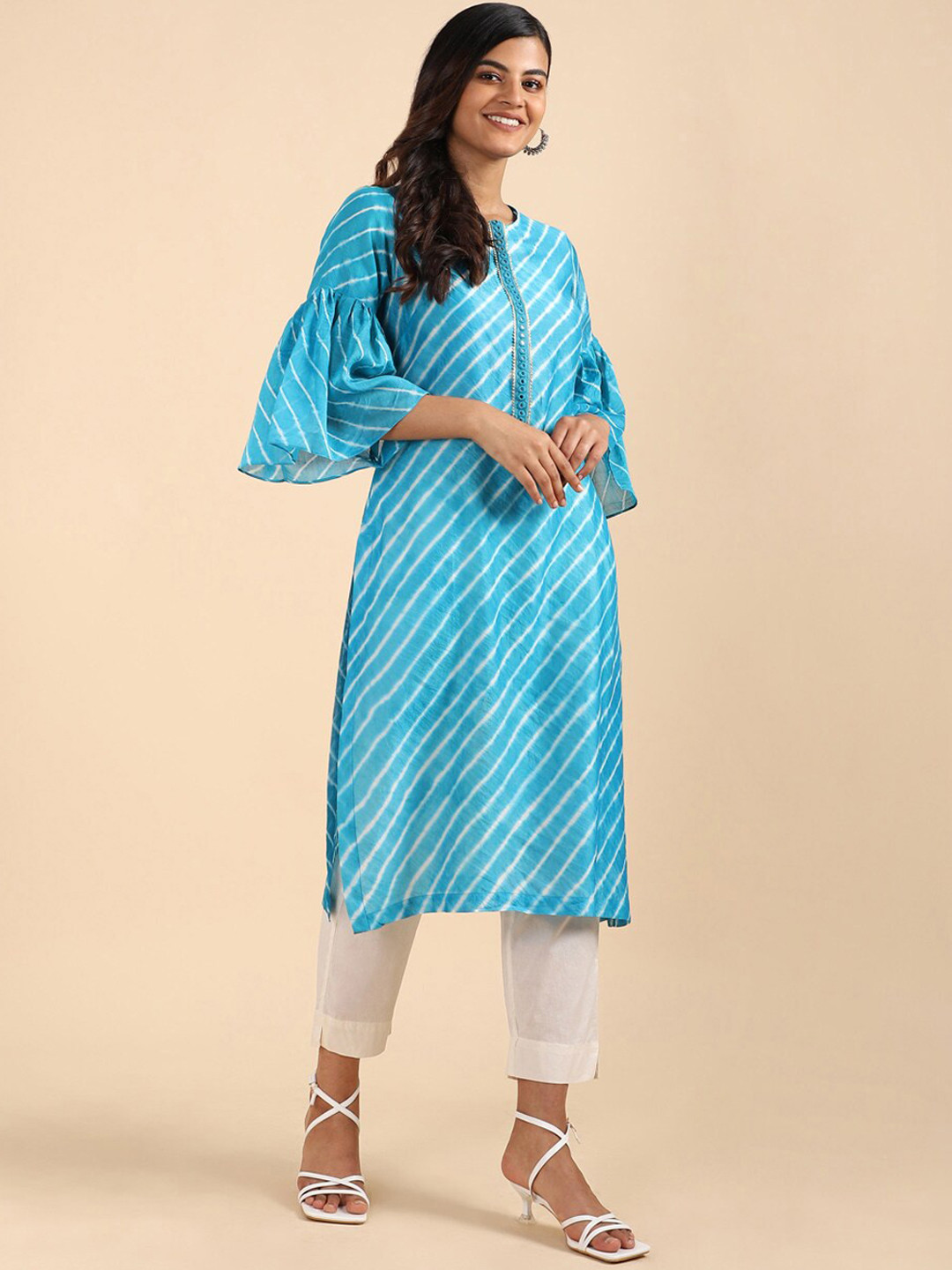 

Taneira Women Striped Bell Sleeves Kurta, Blue