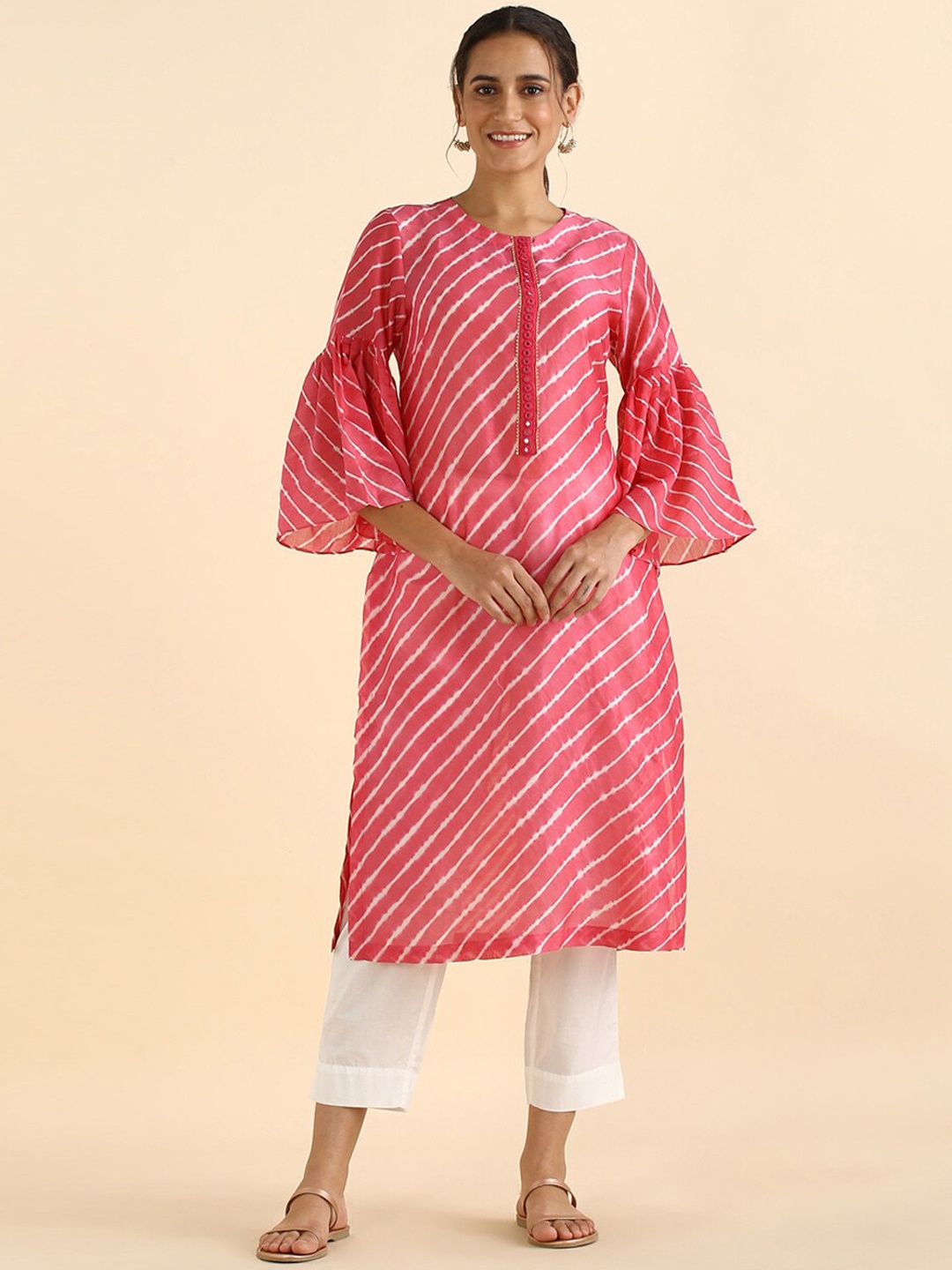 

Taneira Women Silk Cotton Leheriya Printed Bell Sleeves Mirror Work Kurta, Pink