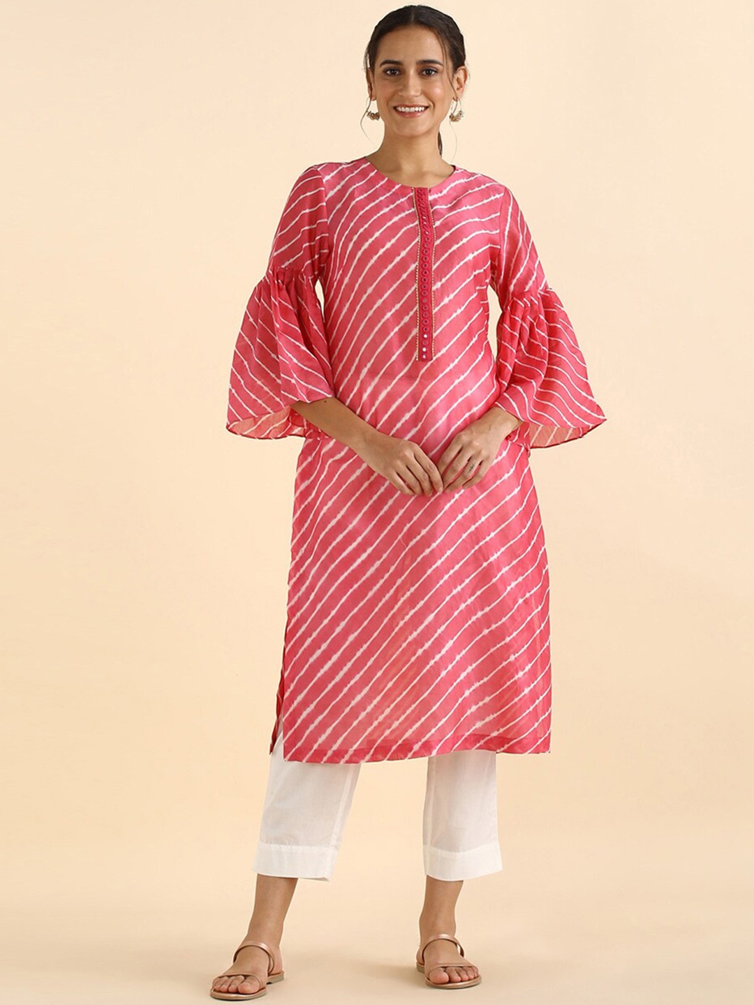 

Taneira Women Silk Cotton Leheriya Printed Bell Sleeves Mirror Work Kurta, Pink