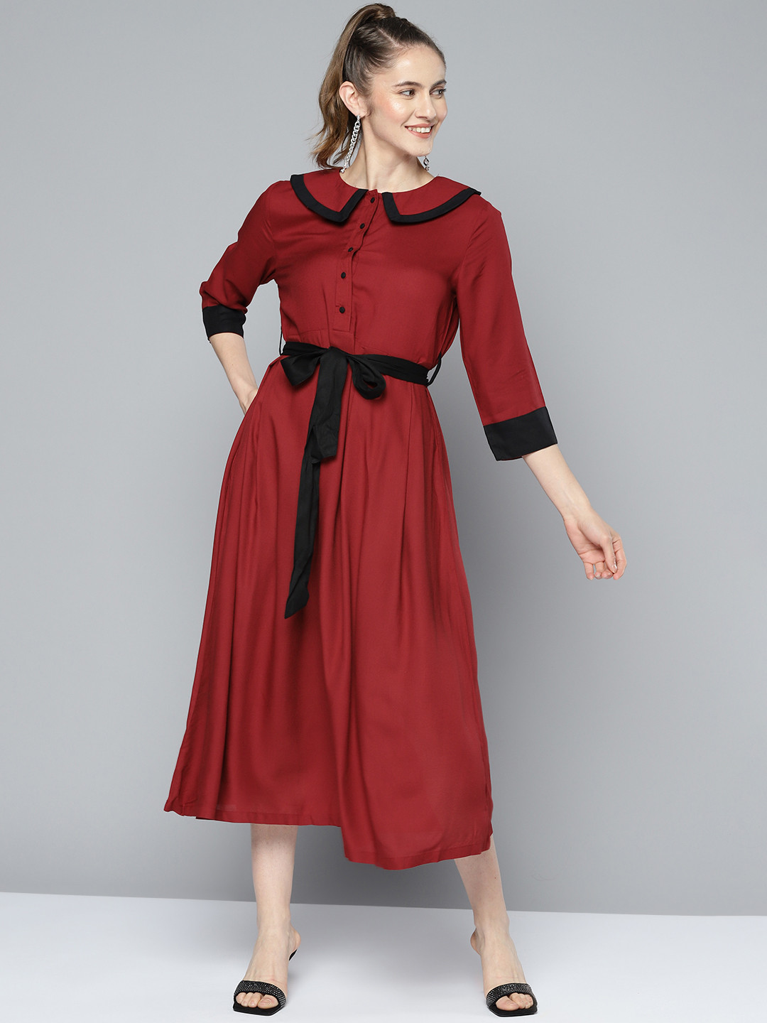 

HERE&NOW Maroon & Black A-Line Midi Dress