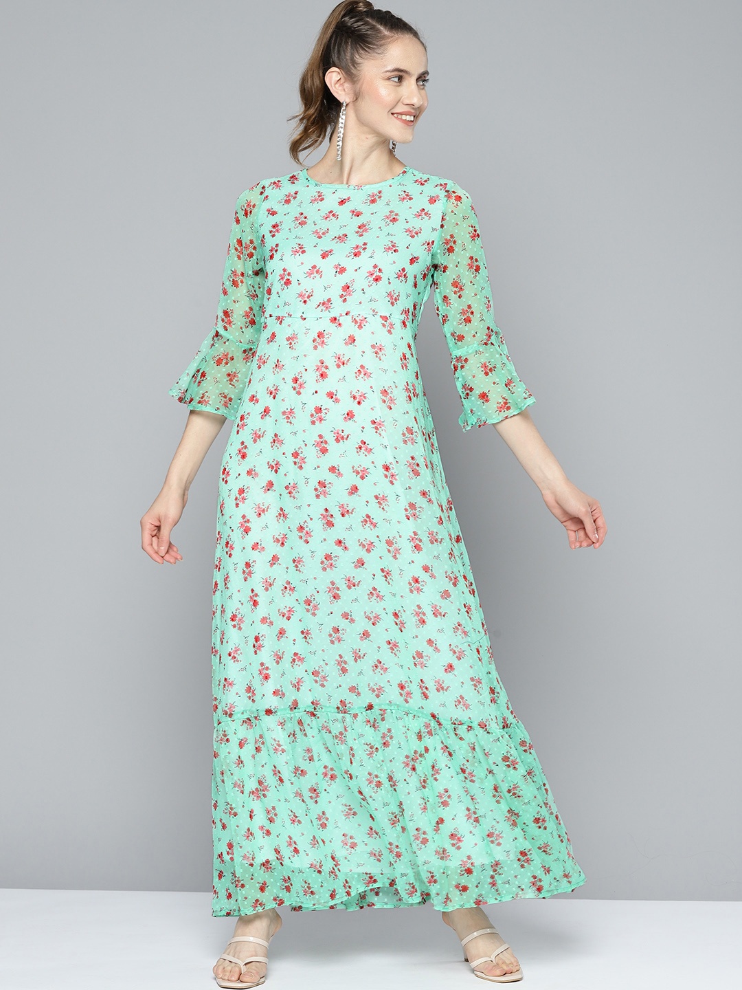 

HERE&NOW Sea Green & Pink Floral Chiffon Maxi Dress