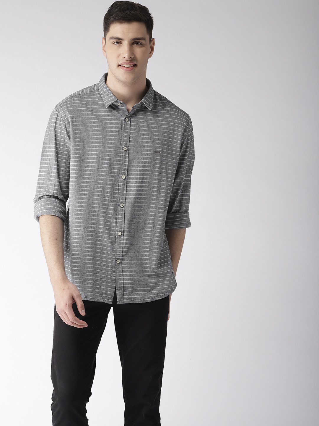 

Flying Machine Men Grey & White Regular Fit Striped Casual Shirt