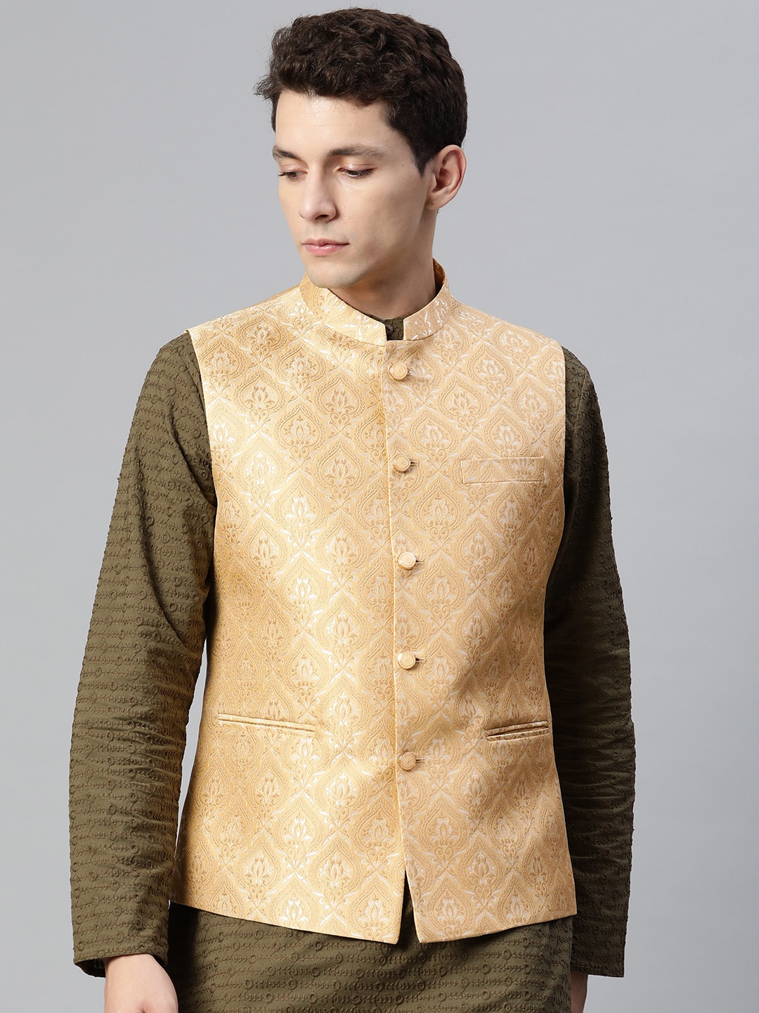 

MANQ Men Beige & Gold Ethnic Motifs Jaquard Woven Design Nehru Jacket