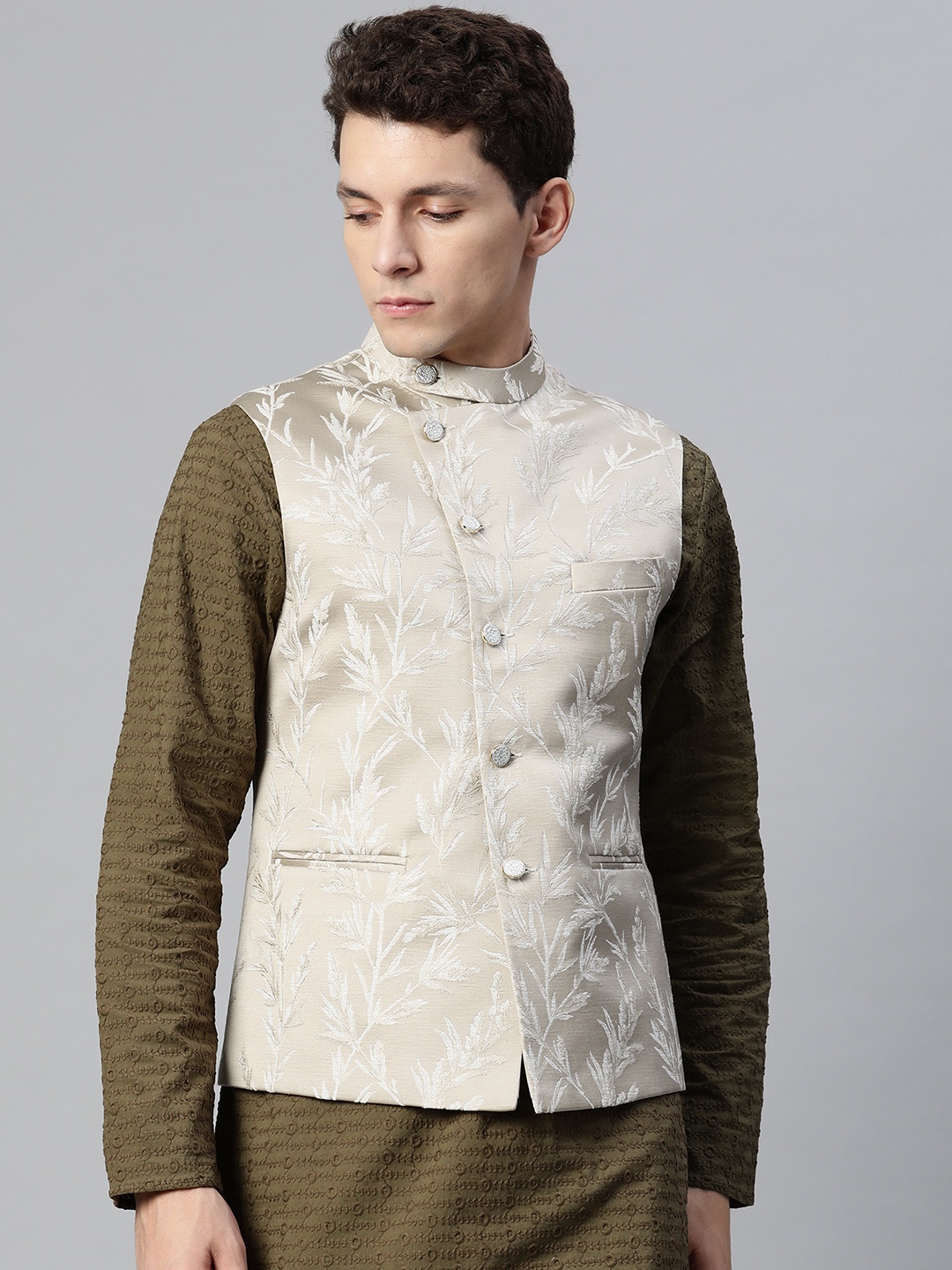 

MANQ Men Beige Ethnic Motifs Jaquard Woven Design Nehru Jacket