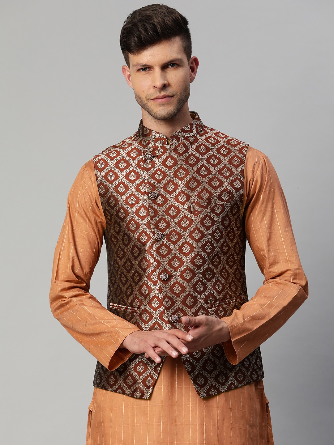 

MANQ Men Maroon & Golden Woven Design Nehru Jacket