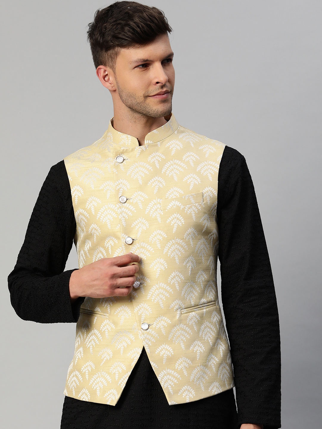 

MANQ Men Beige & Gold Ethnic Motifs Jaquard Woven Design Nehru jacket