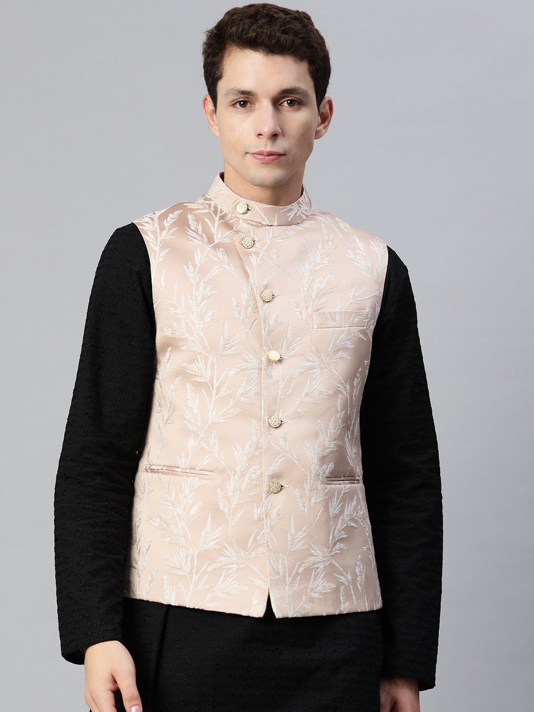 

MANQ Men Woven Design Jaquard Silk Nehru Jacket, Peach