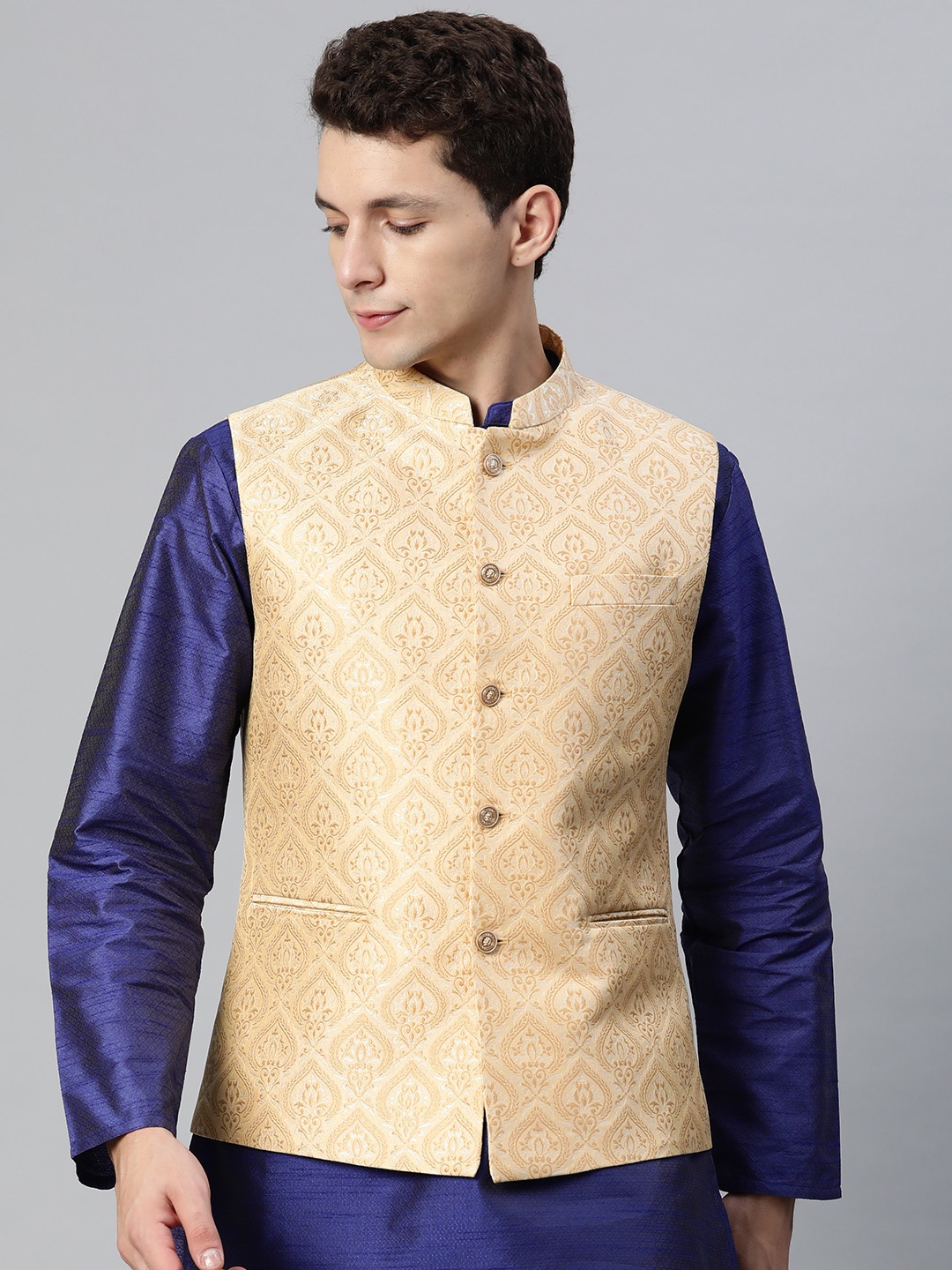 

MANQ Men Beige & Silver Ethnic Motifs Jaquard Woven Design Nehru jacket