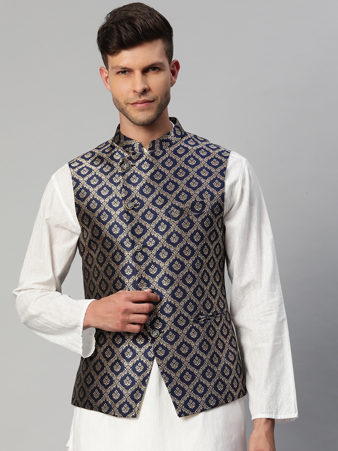 

MANQ Men Navy Blue & Gold Ethnic Motifs Jaquard Woven Design Nehru jacket