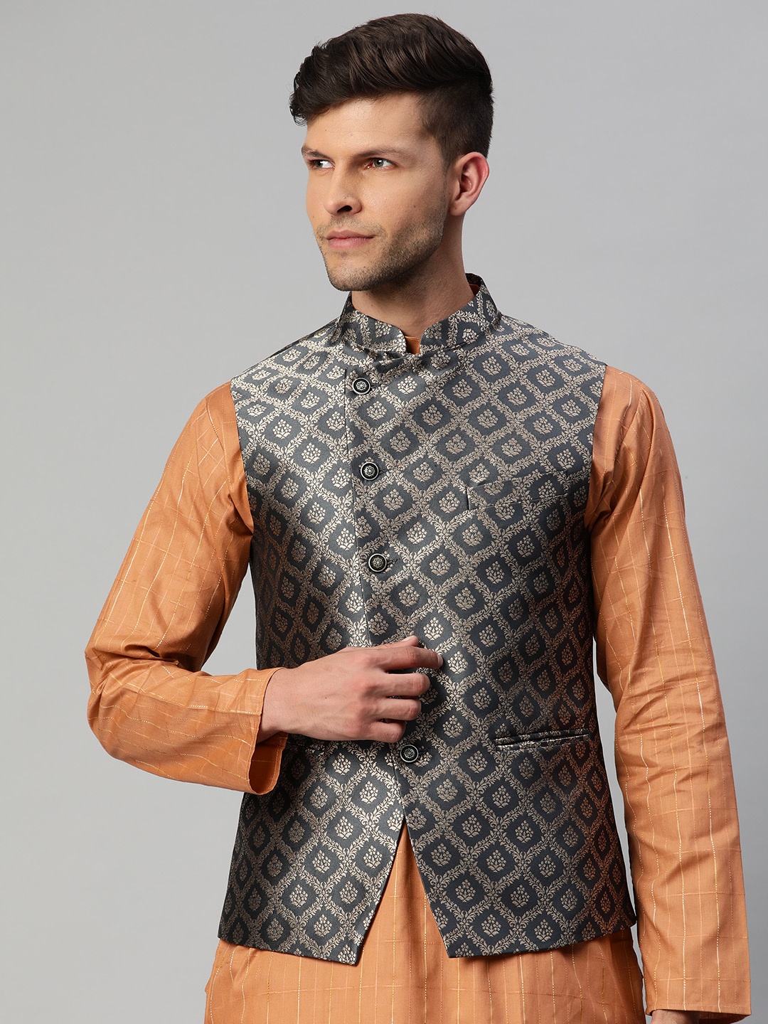 

MANQ Men Charcoal Grey & Gold Ethnic Motifs Jaquard Woven Design Nehru jacket