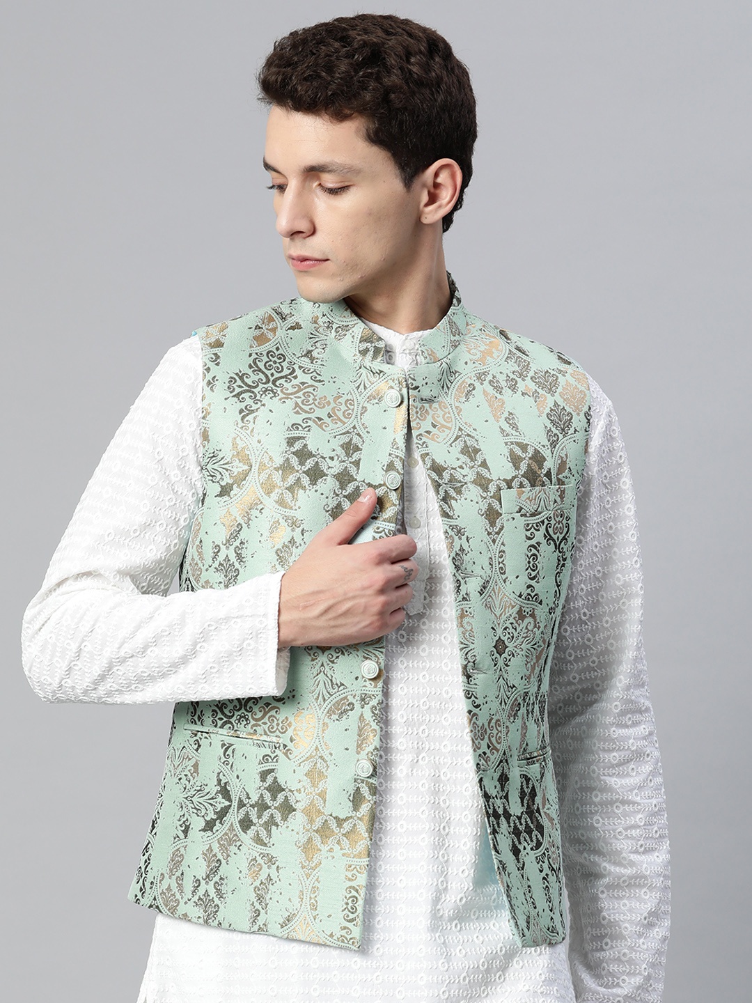 

MANQ Men Woven Design Jaquard Silk Nehru Jacket, Sea green