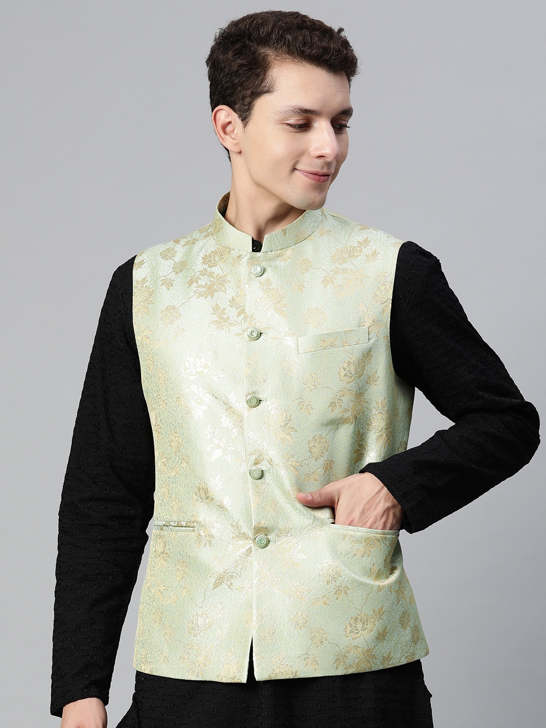 

MANQ Men Woven Design Jaquard Silk Nehru Jacket, Sea green