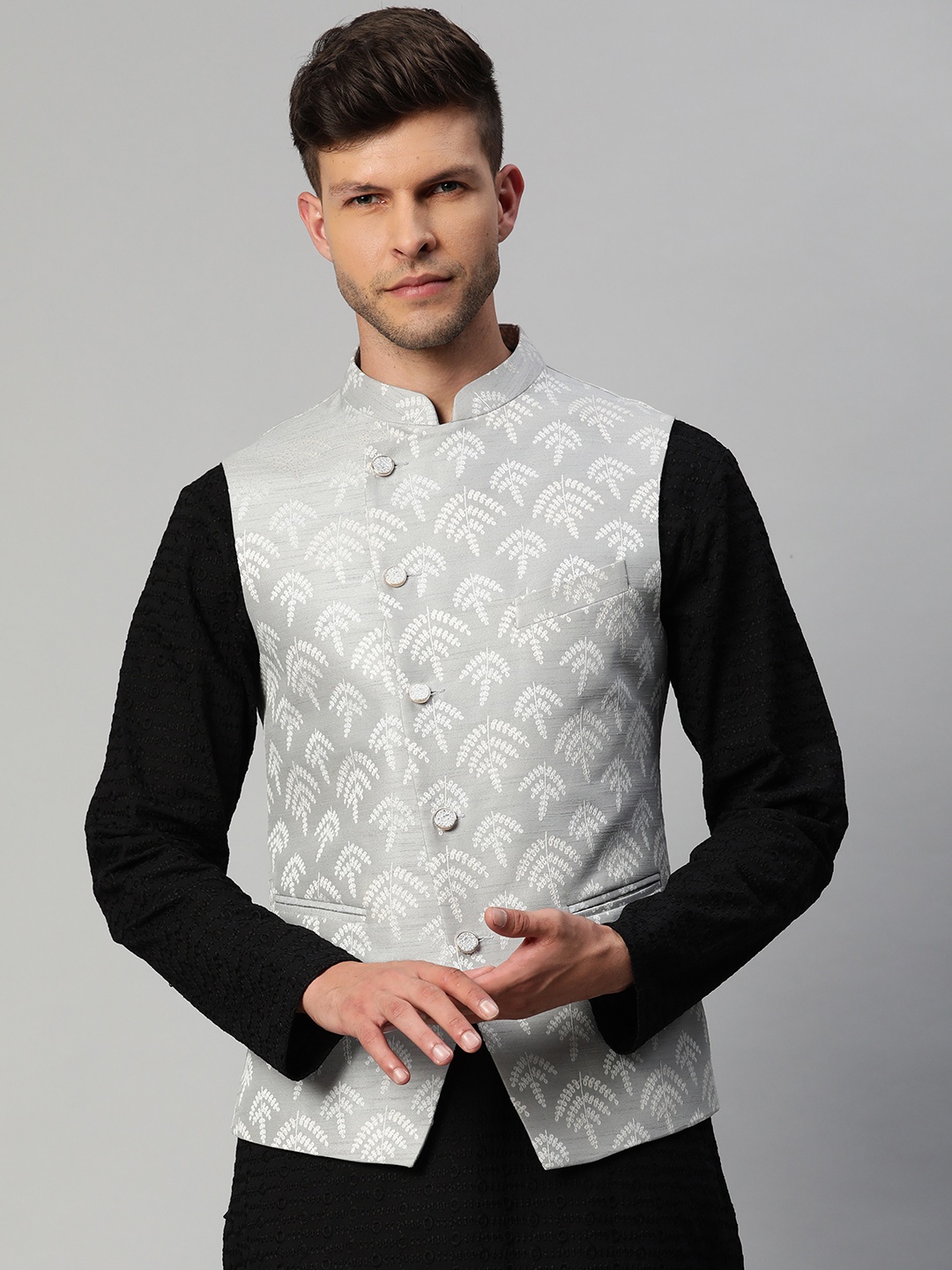 

MANQ Men Grey & White Woven Design Nehru Jacket