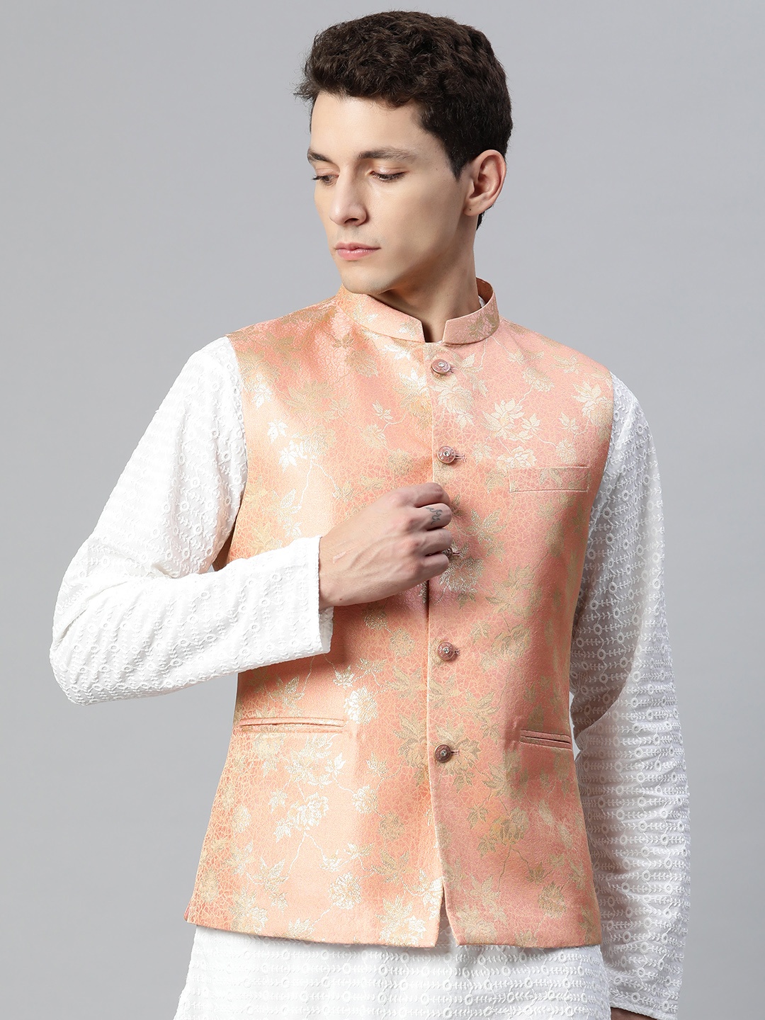 

MANQ Men Woven Design Jaquard Silk Nehru Jacket, Pink