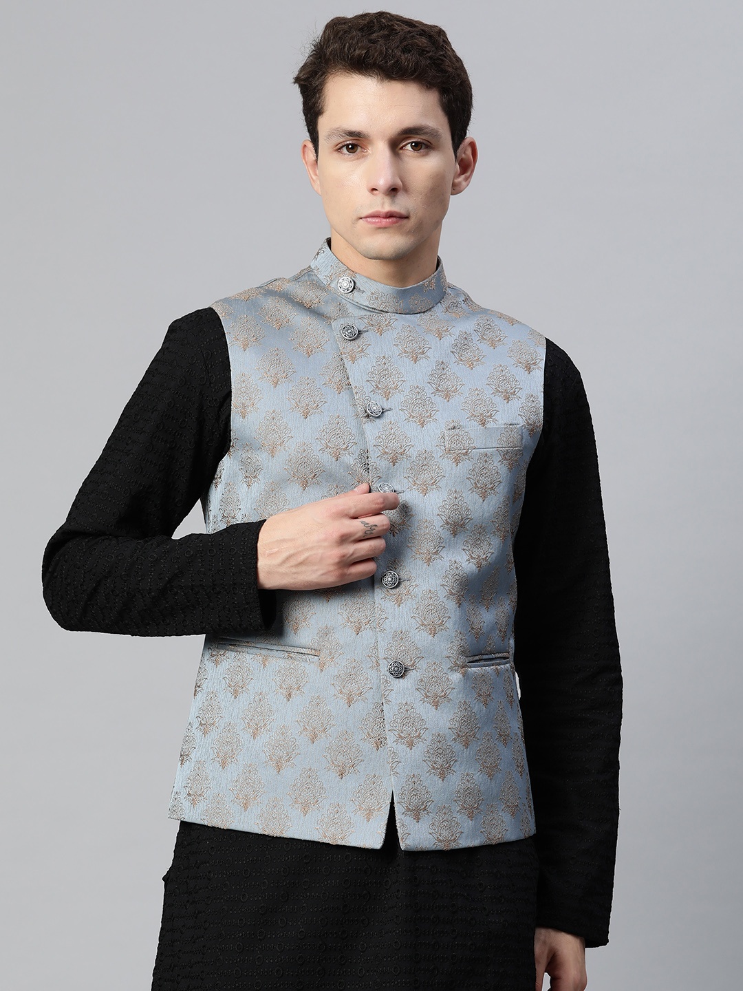

MANQ Men Woven Design Jaquard Silk Nehru Jacket, Blue