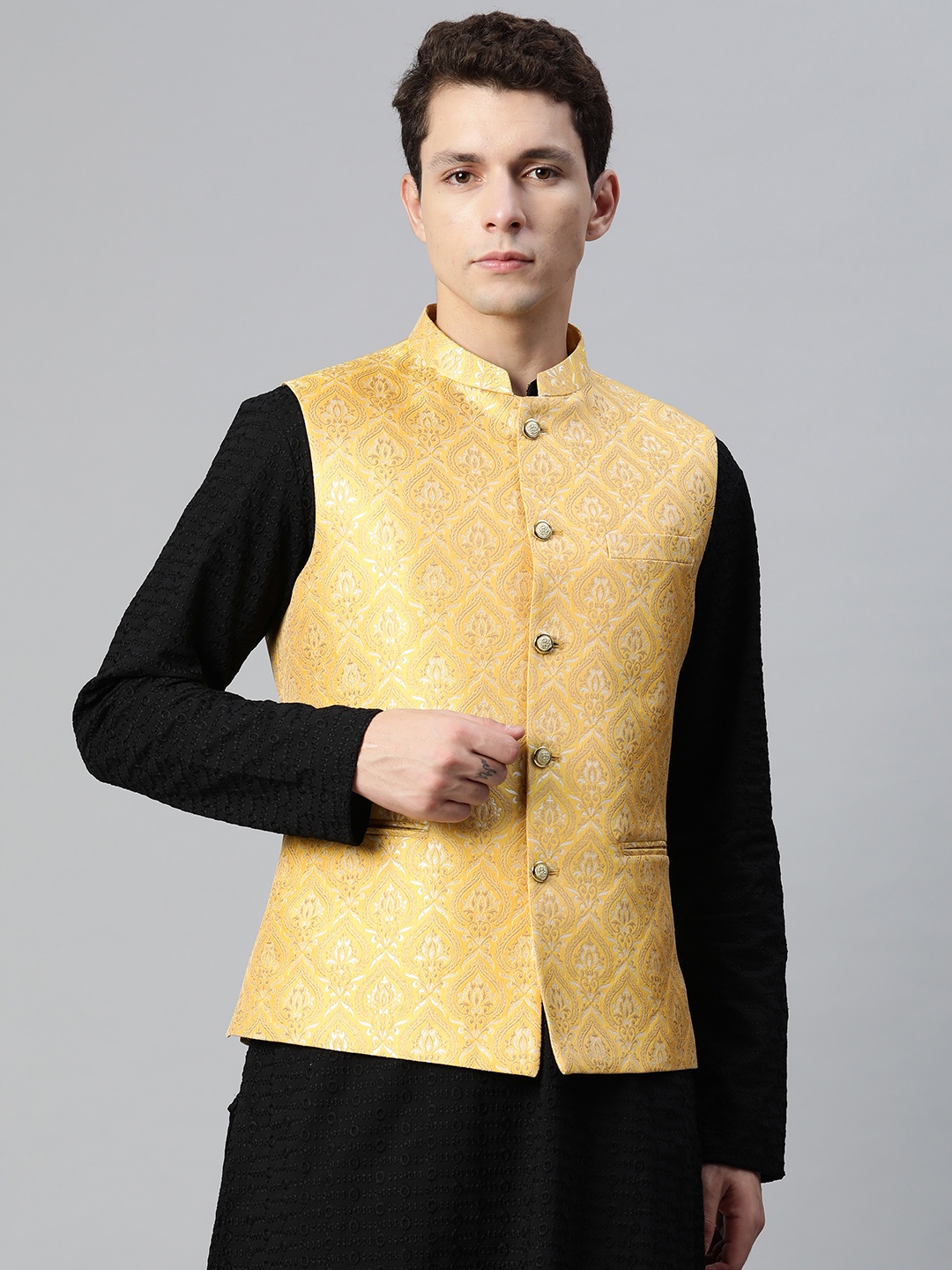 

MANQ Men Woven Design Jaquard Silk Nehru Jacket, Yellow