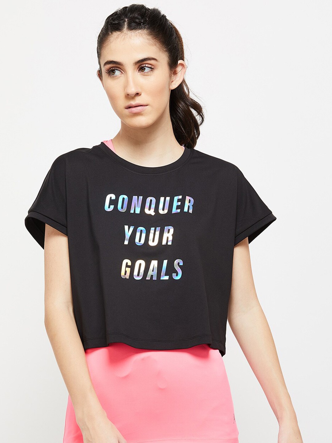 

max Women Typography Printed Layered T-shirt, Pink
