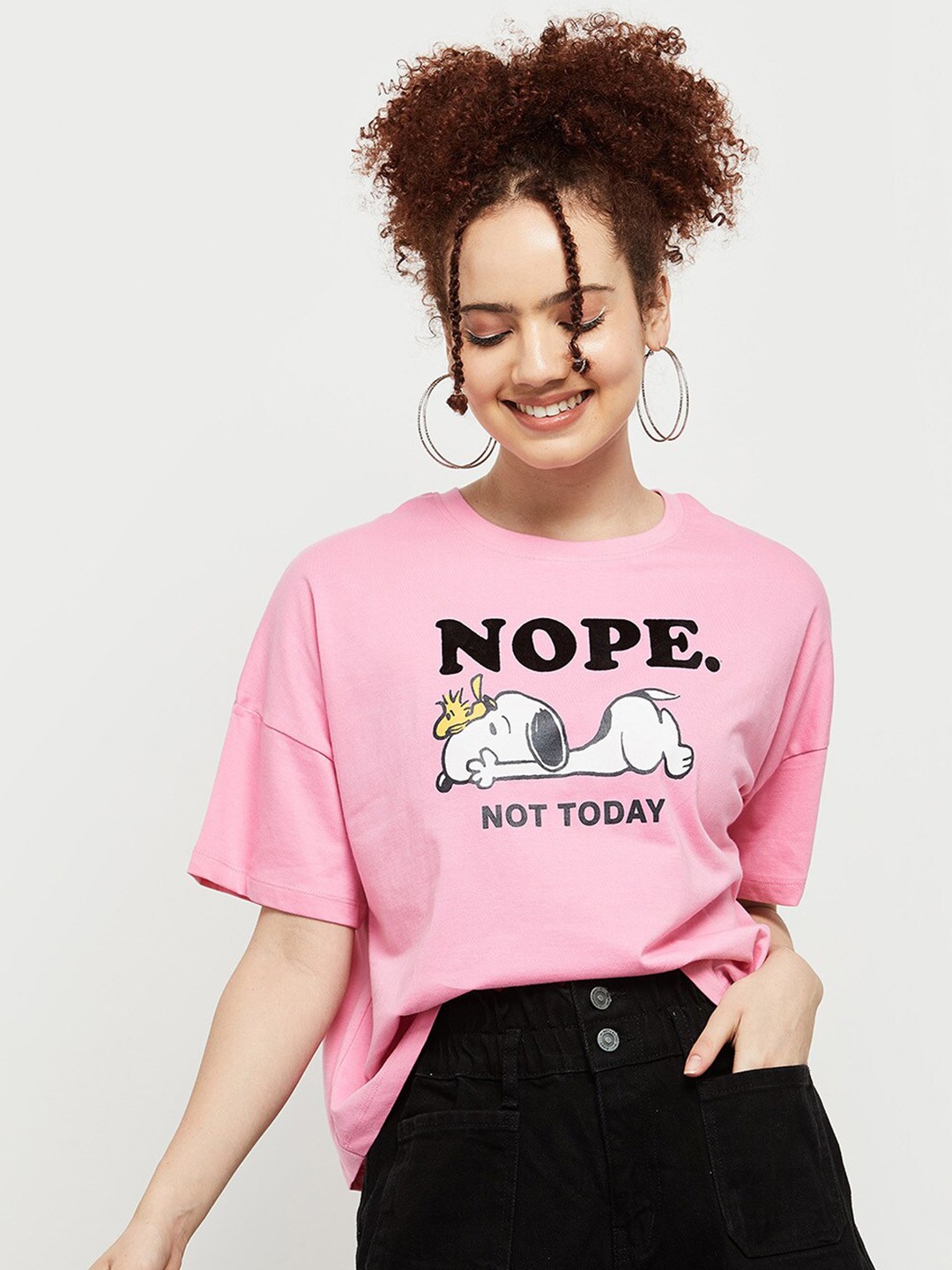 

max Women Printed Pure Cotton Drop-Shoulder Sleeves T-shirt, Pink