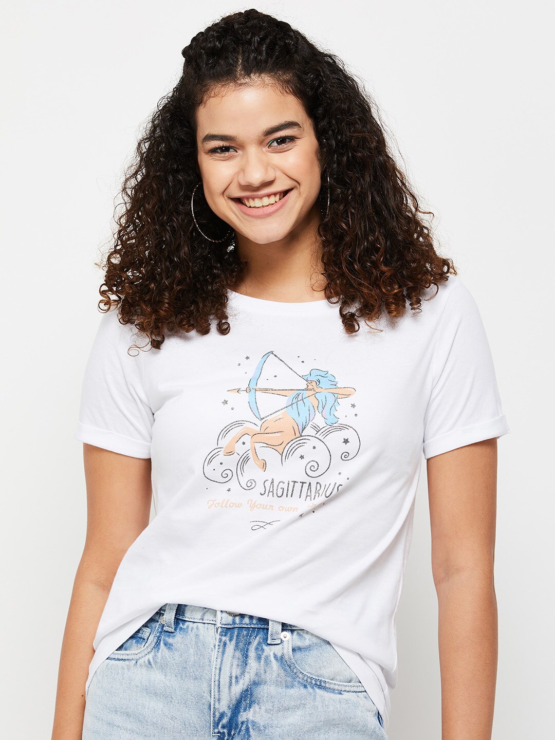 

max Women Printed Pure Cotton T-shirt, White