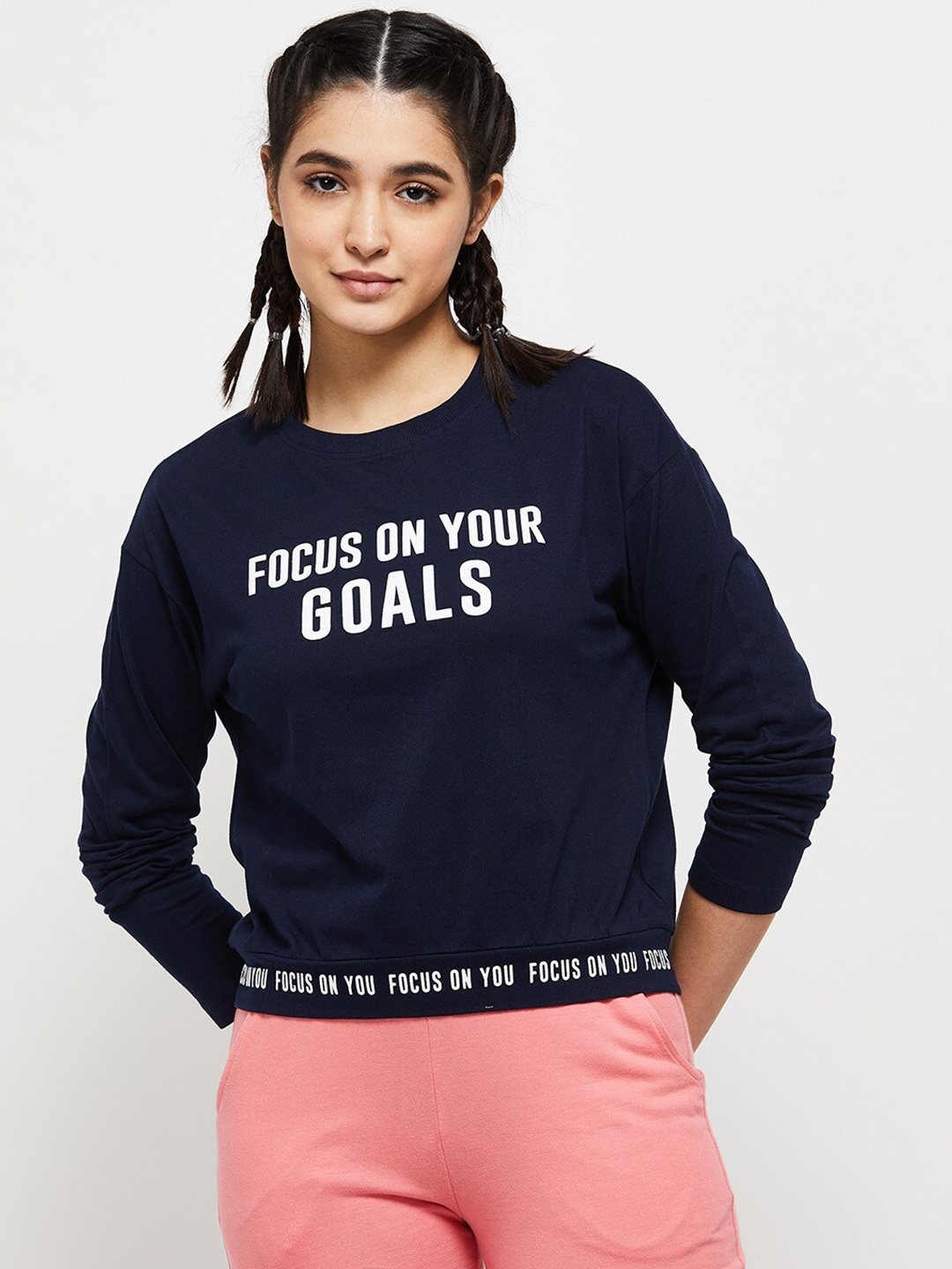 

max Women Typography Printed Pure Cotton T-shirt, Navy blue