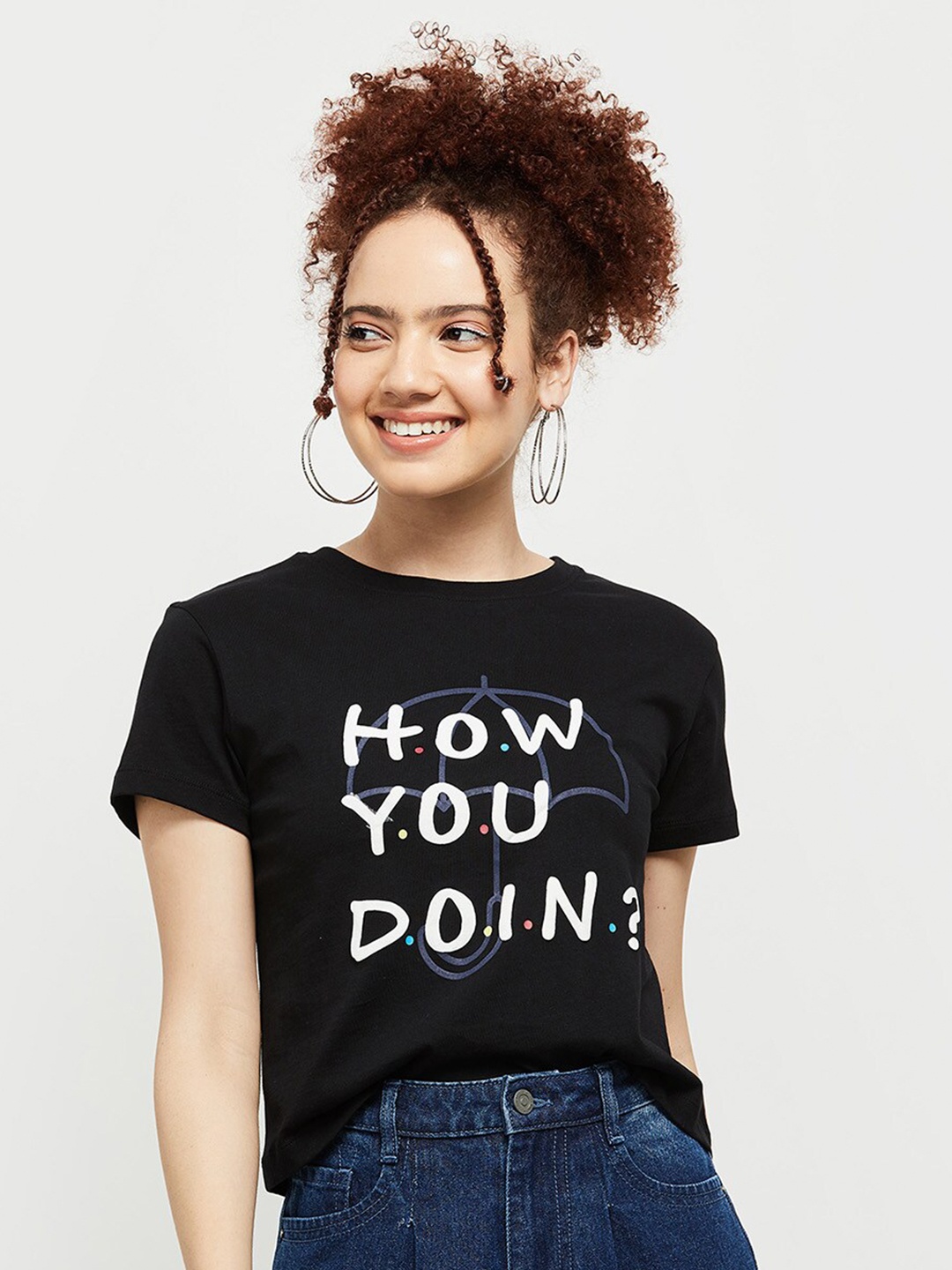 

max Women Typography Printed Pure Cotton T-shirt, Black