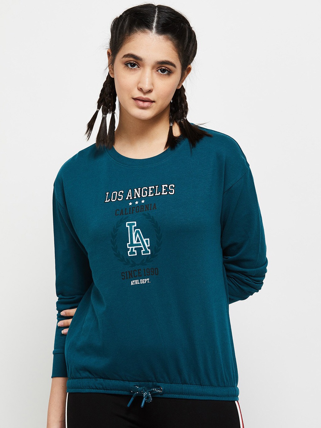 

max Women Typography Printed Pure Cotton T-shirt, Teal