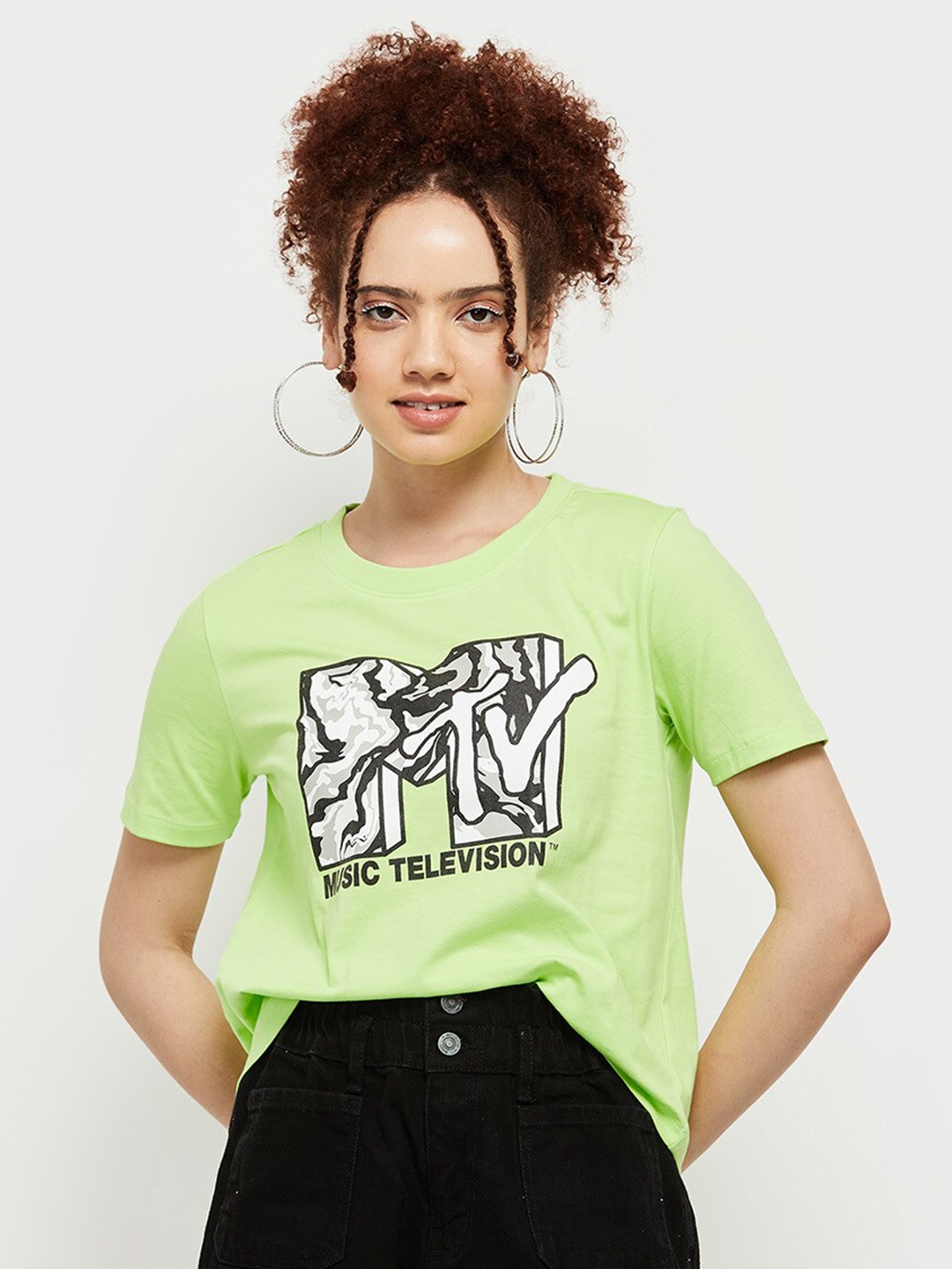 

max Women Typography Printed Pure Cotton T-shirt, Lime green