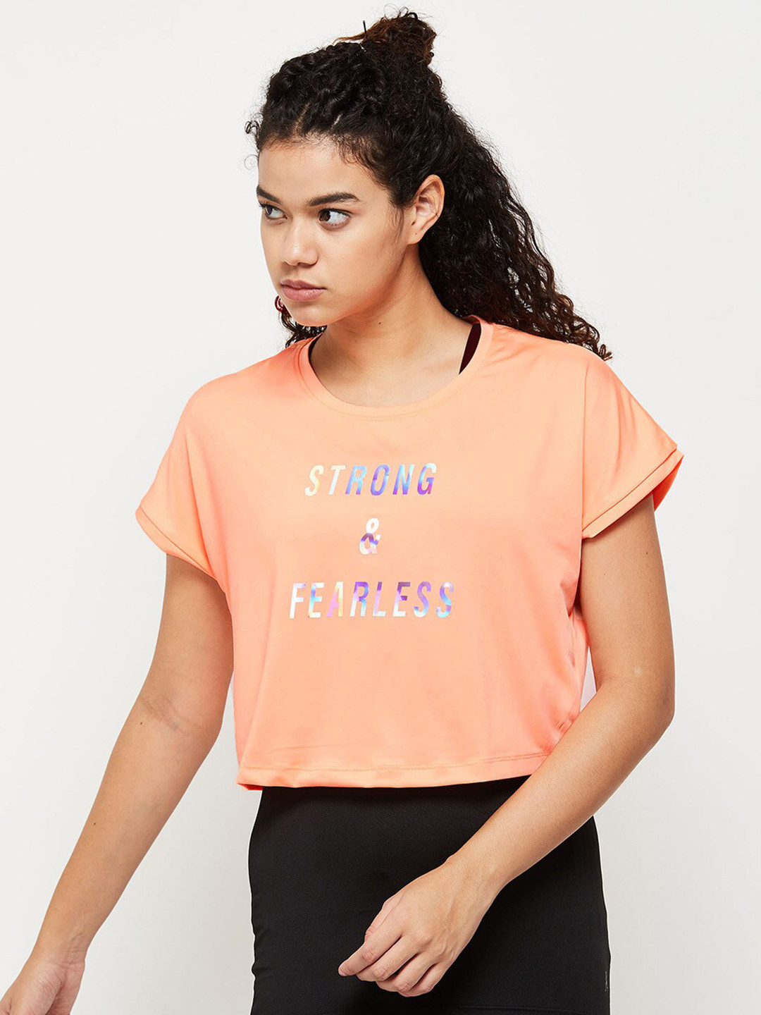 

max Women Typography Printed Extended Sleeves T-shirt, Orange