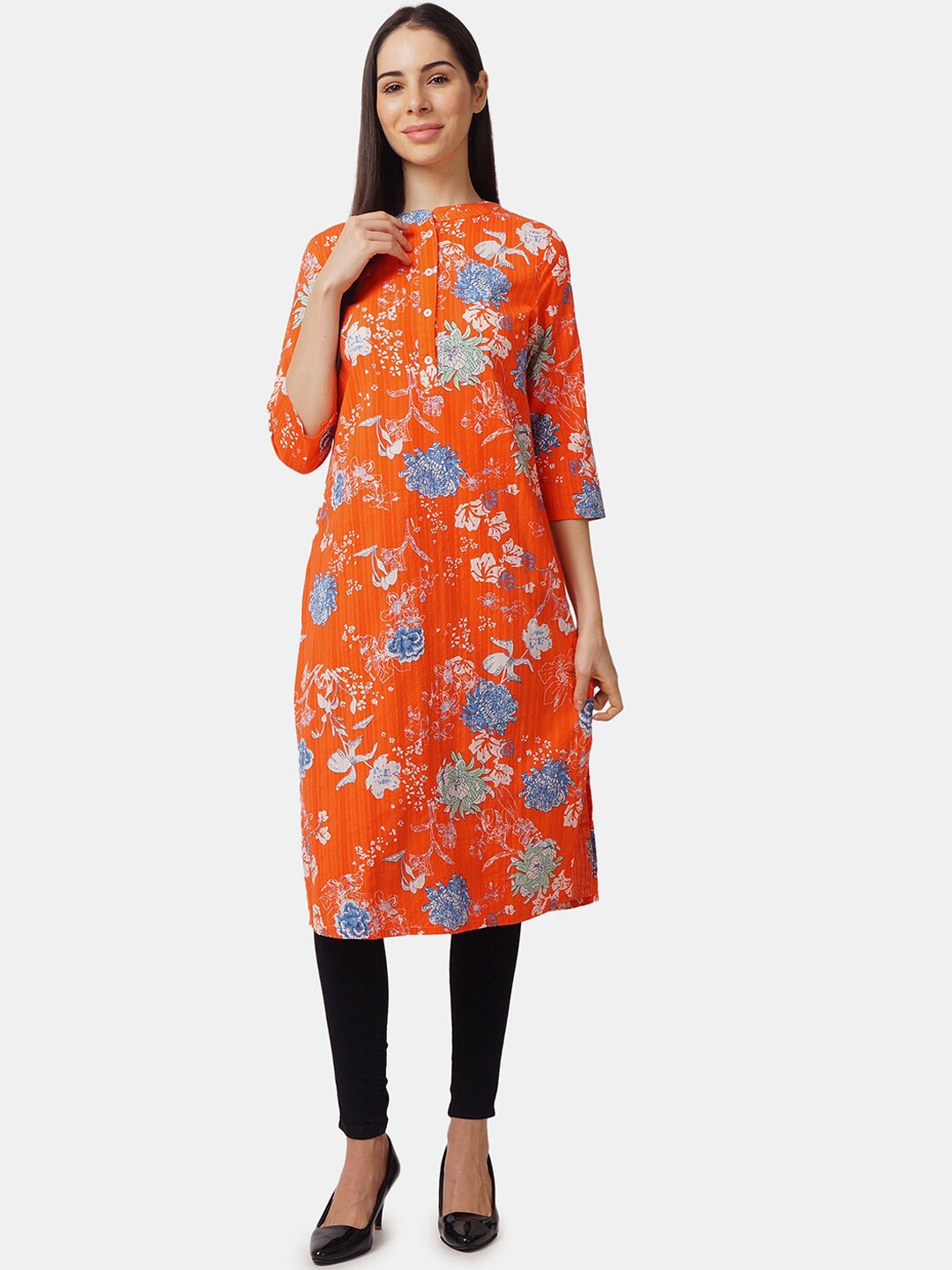 

IX IMPRESSION Women Orange Printed Thread Work Floral Kurta
