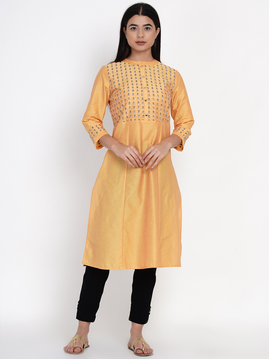 

IX IMPRESSION Women Yellow Geometric Yoke Design Flared Sleeves Thread Work Floral Anarkali Kurta