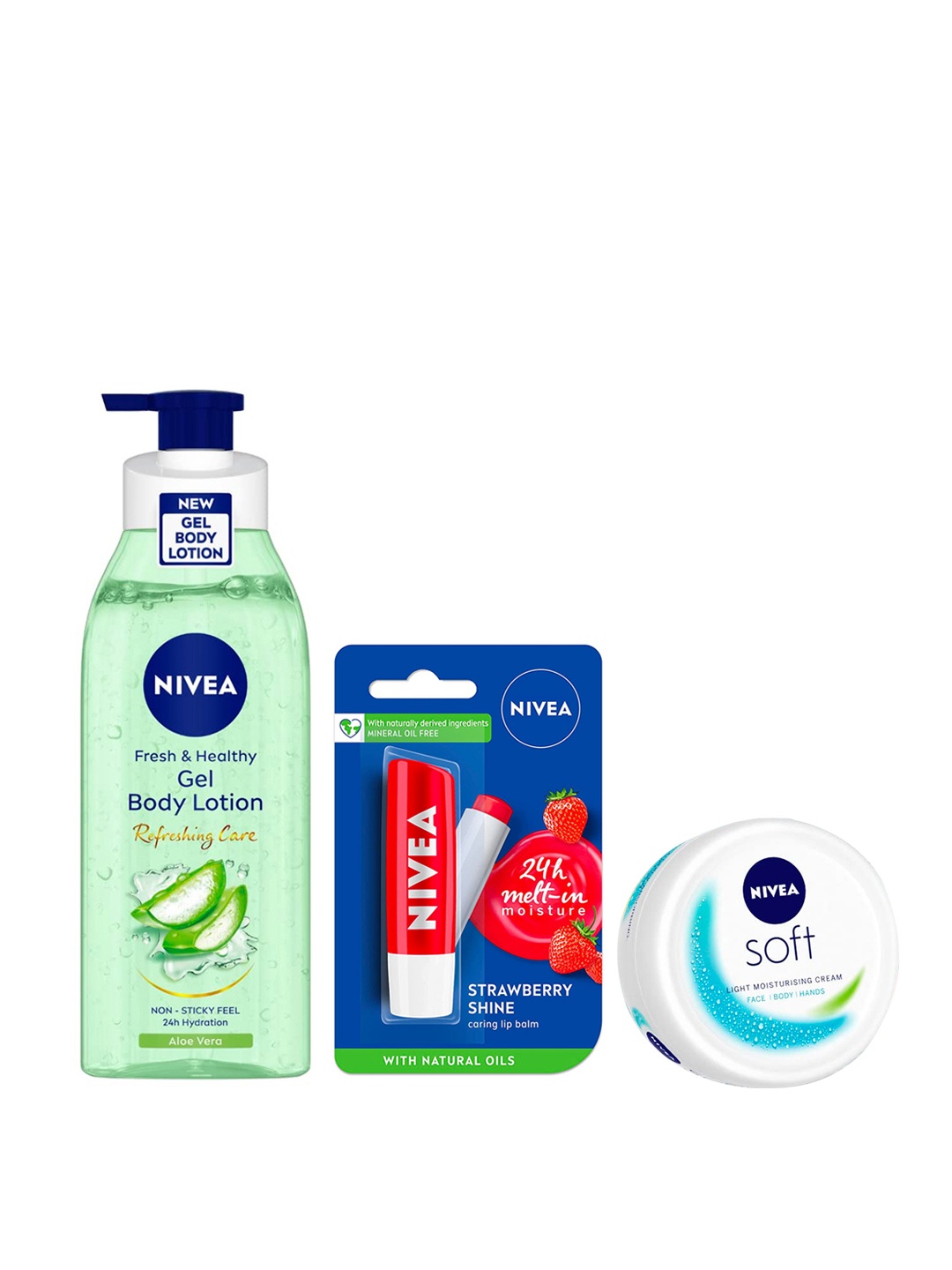 

Nivea Fresh & Healthy Body Lotion+Soft Light Moisturizing Cream+Strawberry Shine Lip Balm, Green