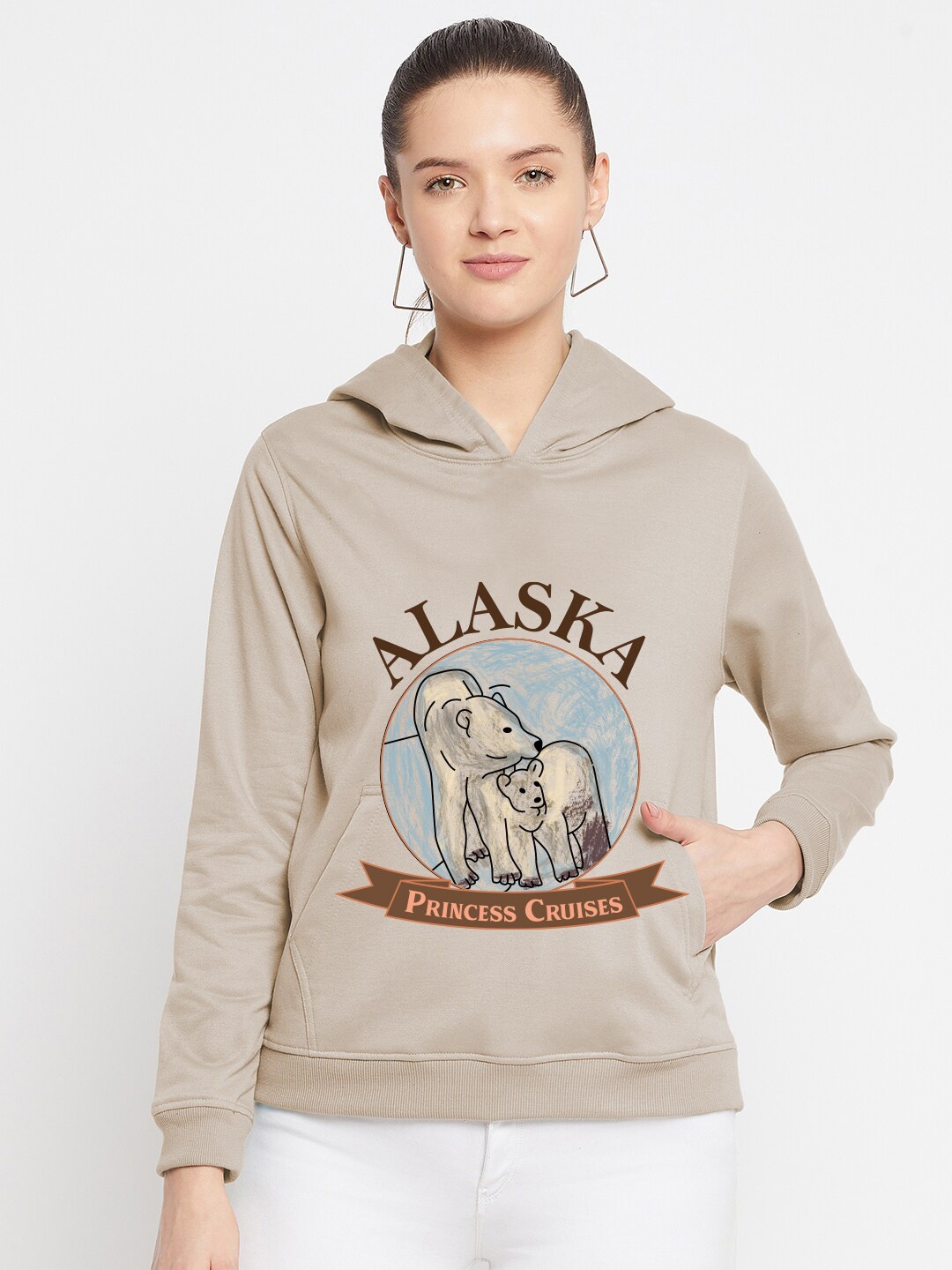 

FRENCH FLEXIOUS Women Printed Hooded Sweatshirt, Beige