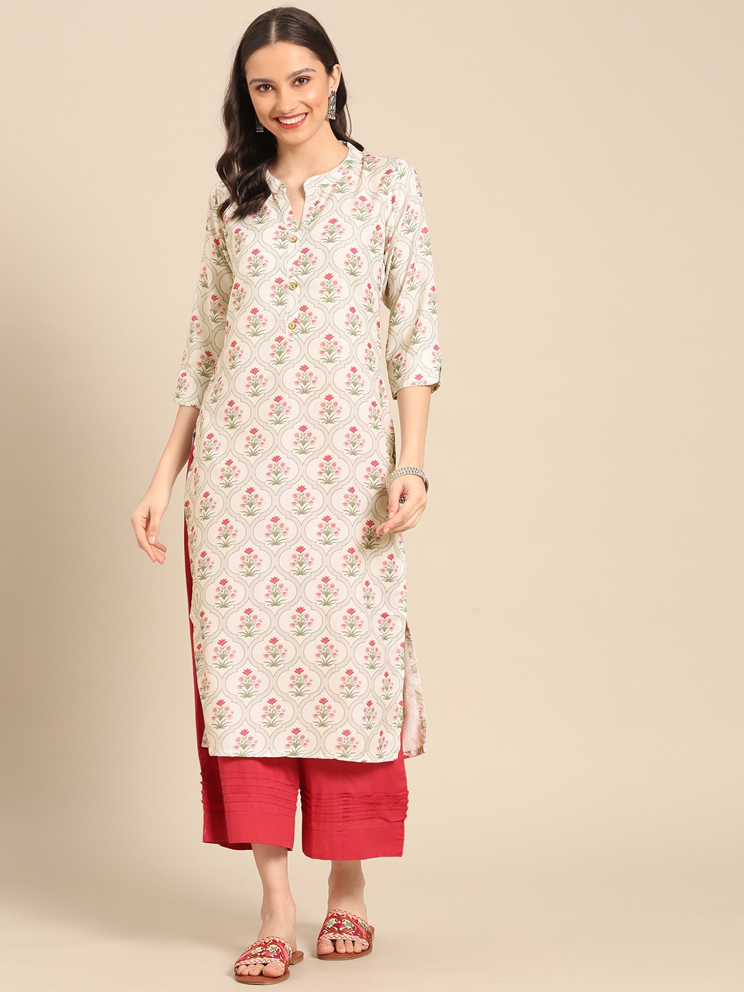 

Sangria Women Cream-Coloured & Pink Ethnic Motifs Printed Kurta