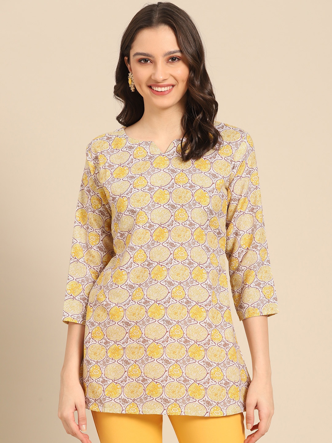 

Sangria Mustard Yellow & Brown Ethnic Motifs Printed Short Kurti