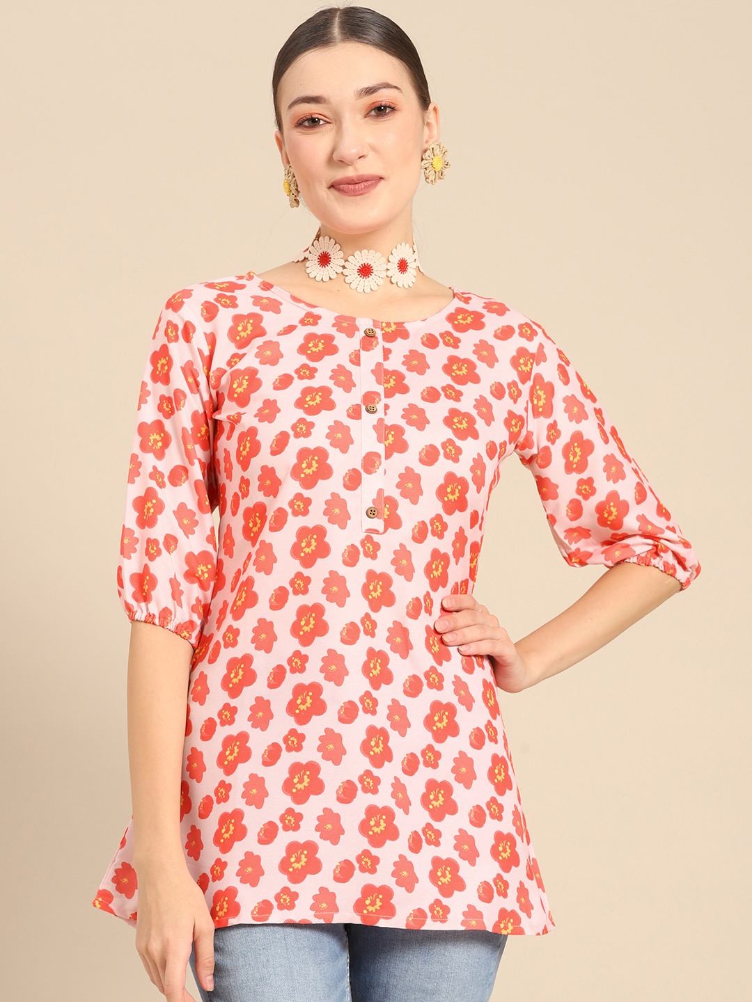 

Sangria Pink & Red Floral Printed Kurti