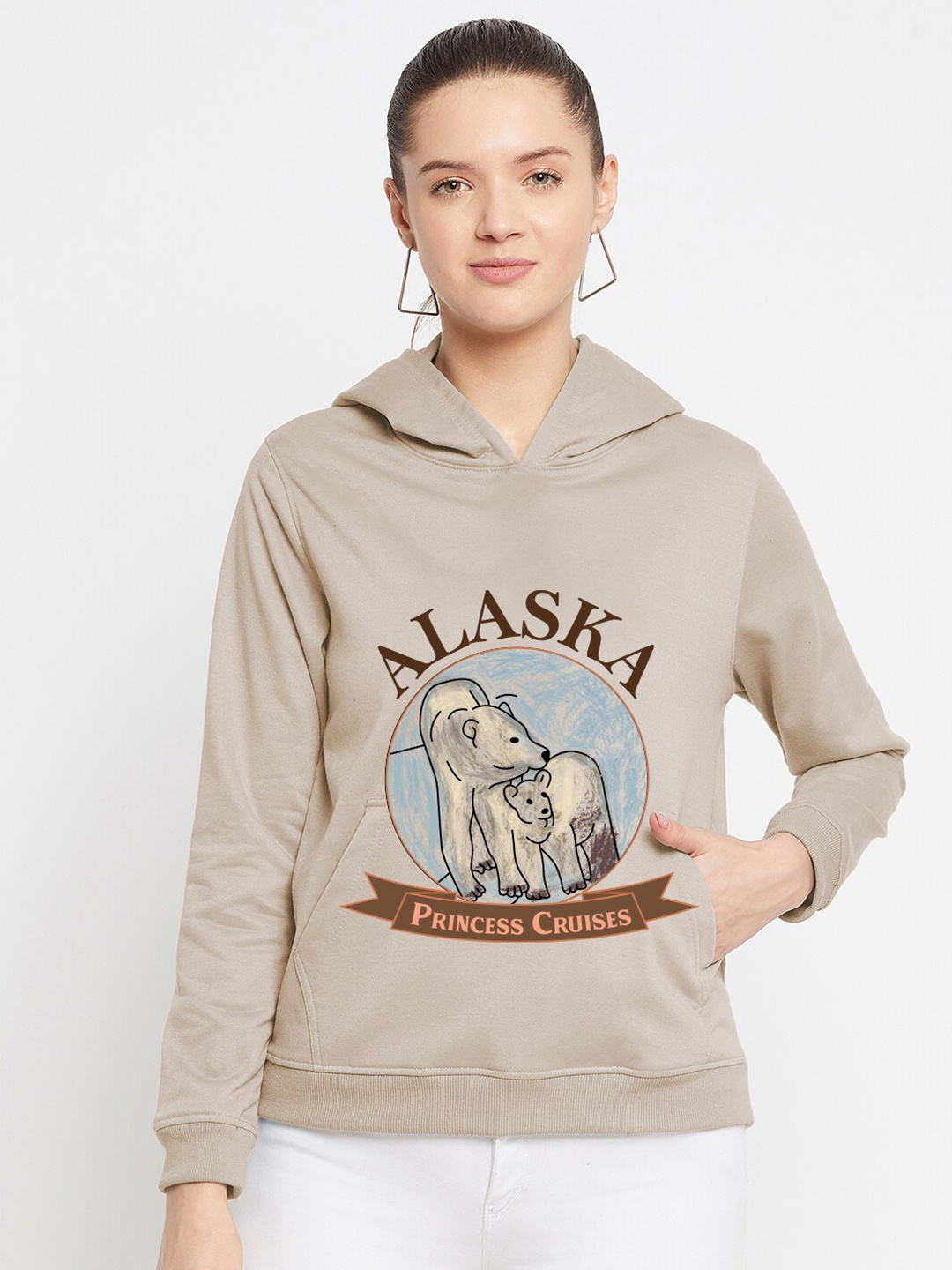 

FRENCH FLEXIOUS Women Plus Size Printed Hooded Cotton Sweatshirt, Beige