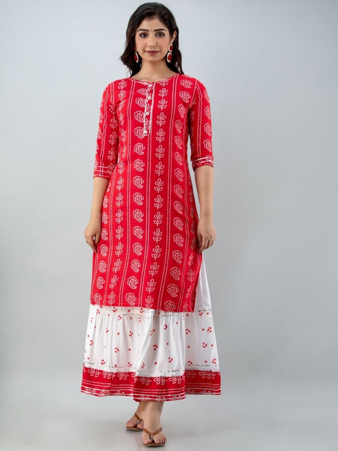

Lovista Women Red Bandhani Kurta with Skirt & With Dupatta
