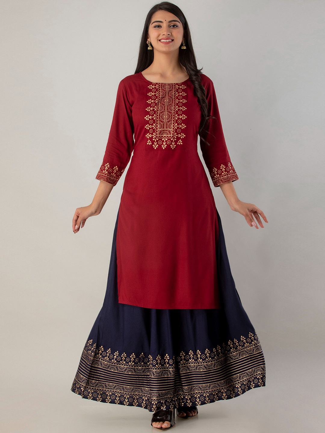 Lovista Women Maroon Ethnic Motifs Printed Kurta with Skirt