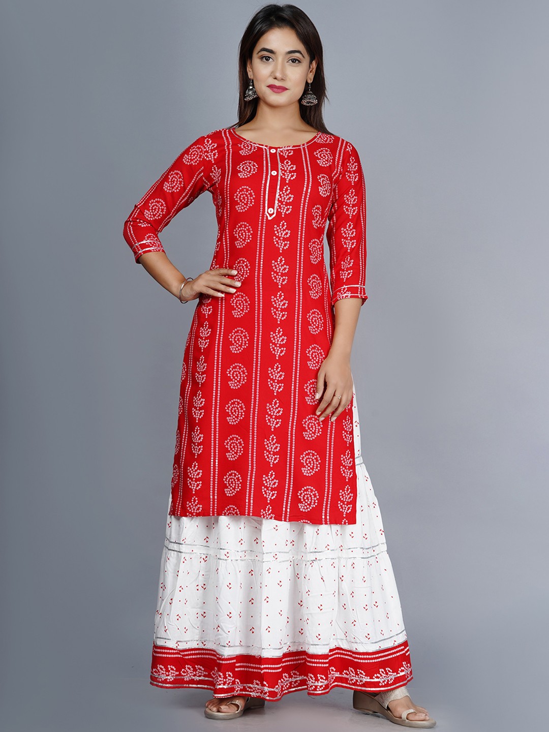 

Lovista Women Red Bandhani Kurta with Skirt