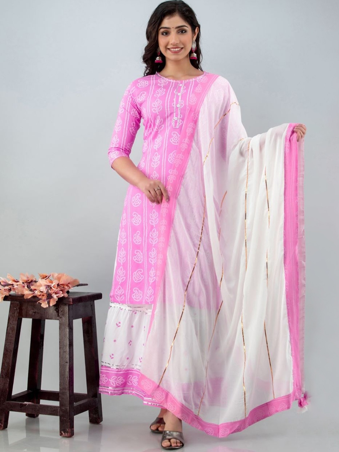 

Lovista Women Pink Bandhani Kurta with Skirt & With Dupatta