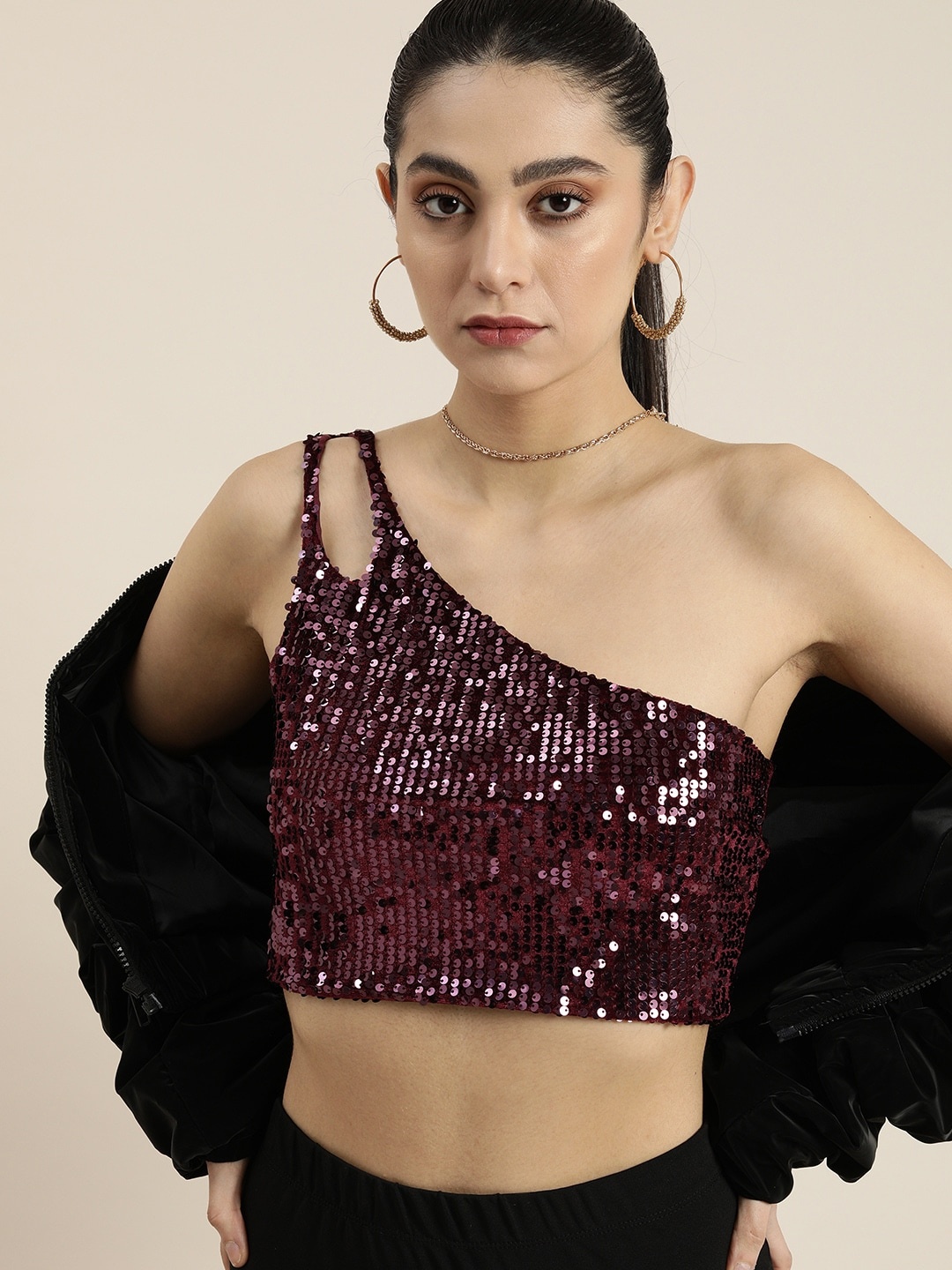 

Moda Rapido Embellished One Shoulder Crop Top, Burgundy