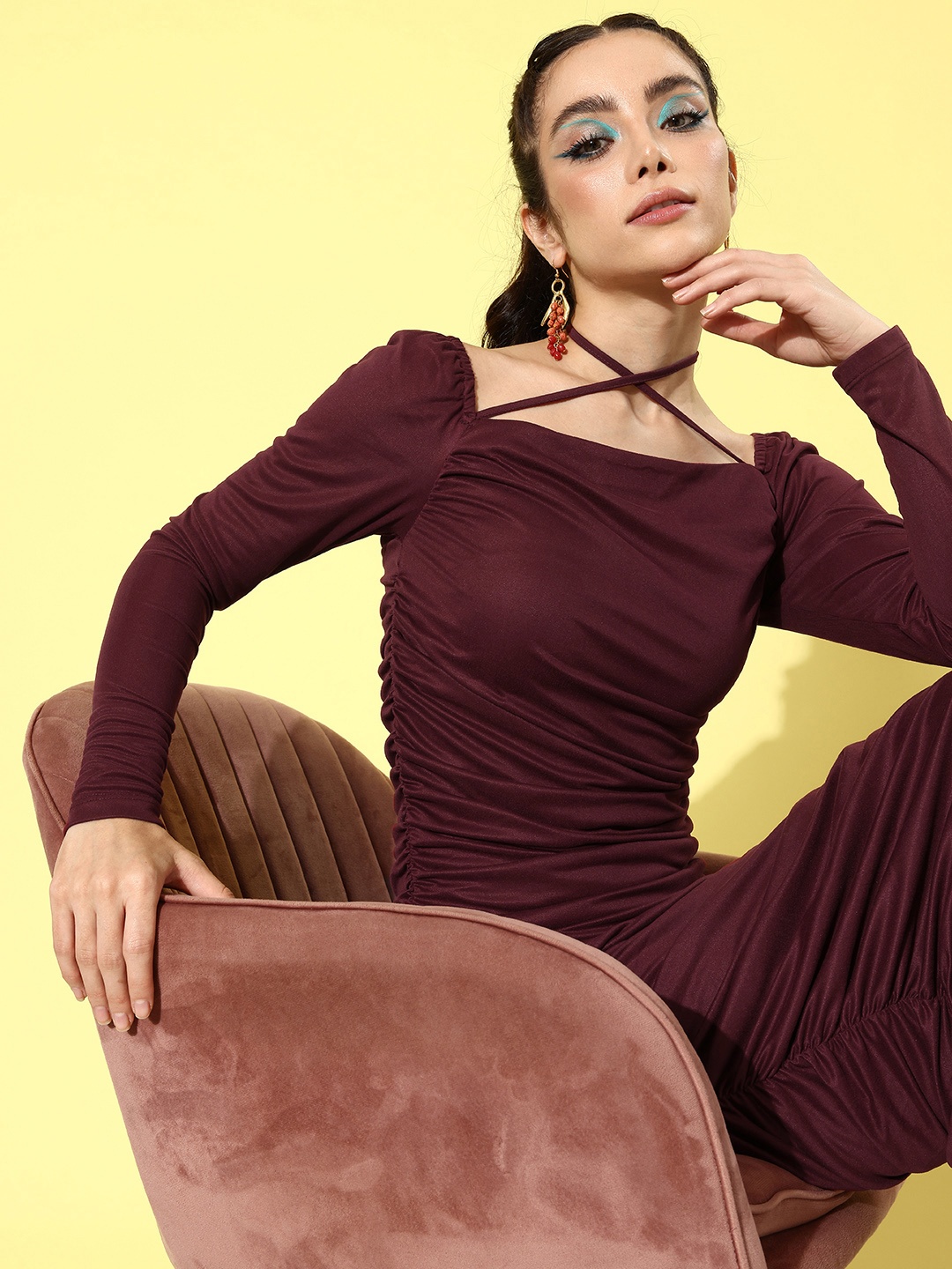 

Moda Rapido Siren Maroon Party Lity Ruching Pattern Play Bodycon Dress