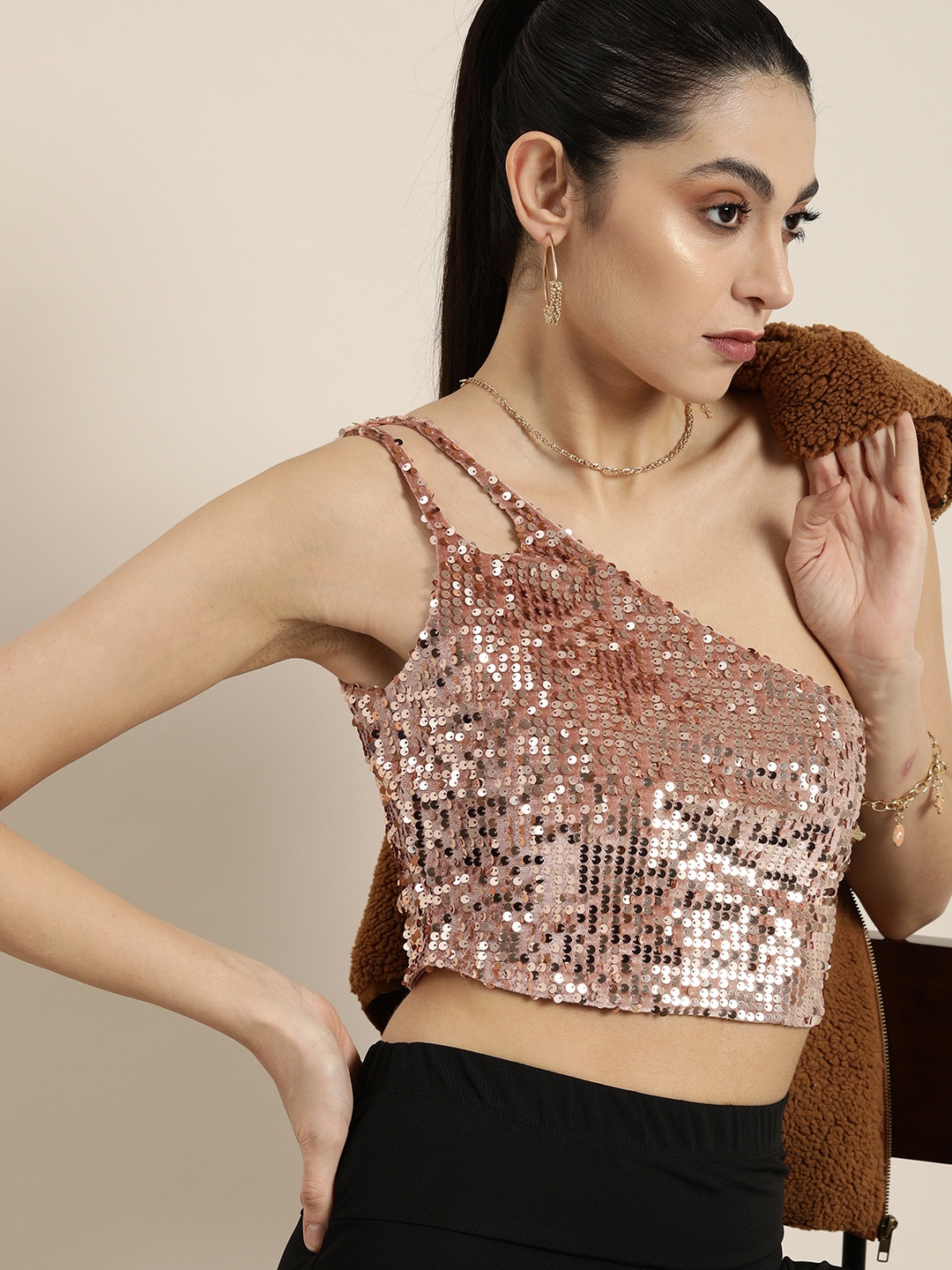 

Moda Rapido Embellished One Shoulder Crop Top, Peach