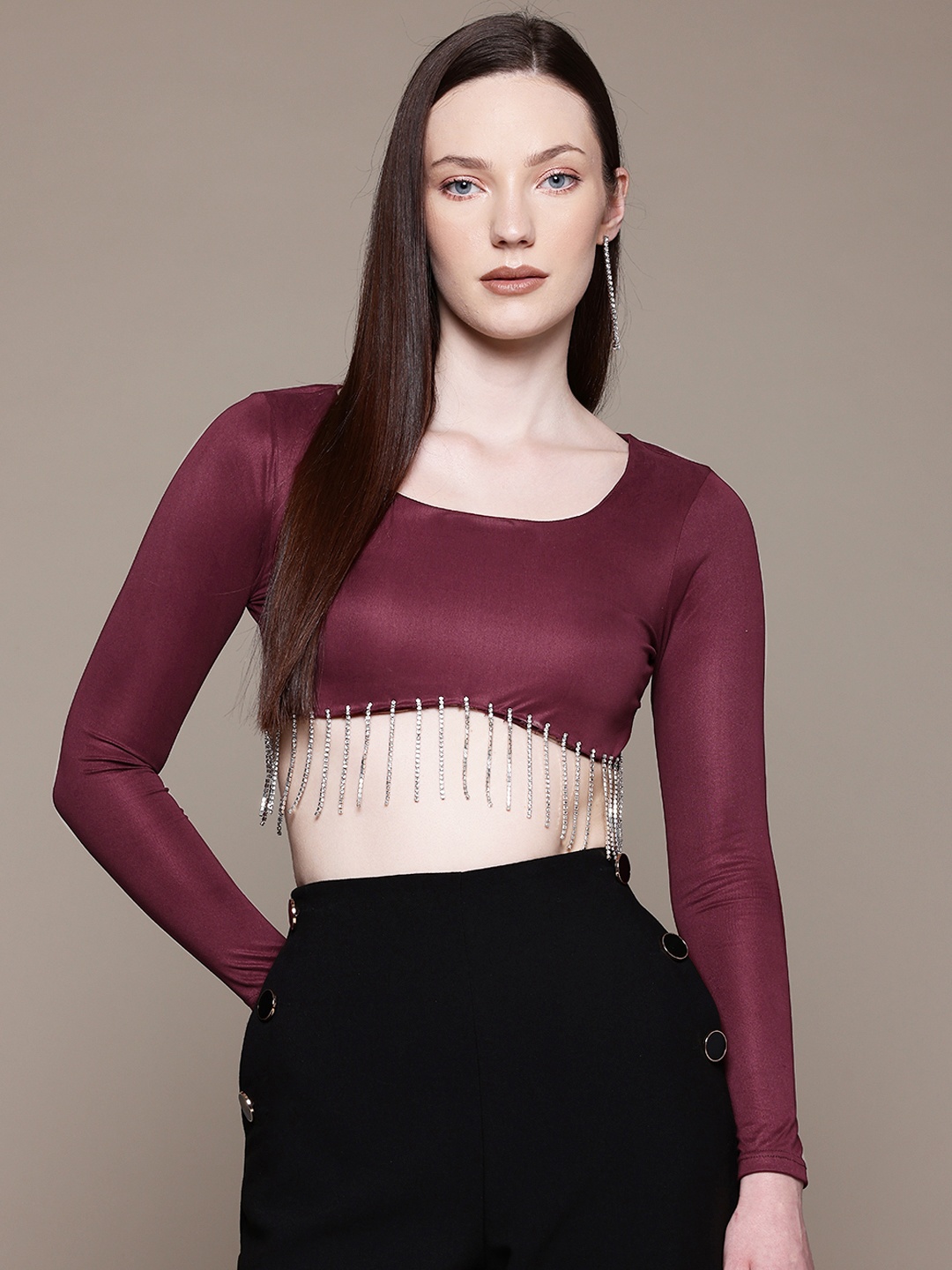 

Moda Rapido Rhinestone Fringed Crop Top, Burgundy