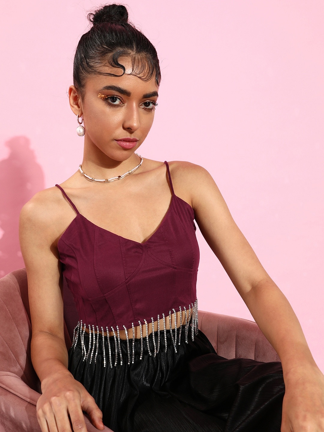 

Moda Rapido Wine Maroon Solid Party Lity Metallic Sheen Crop Top