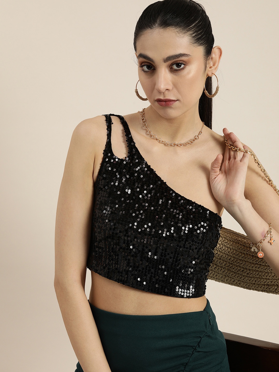 

Moda Rapido Embellished One Shoulder Crop Top, Black