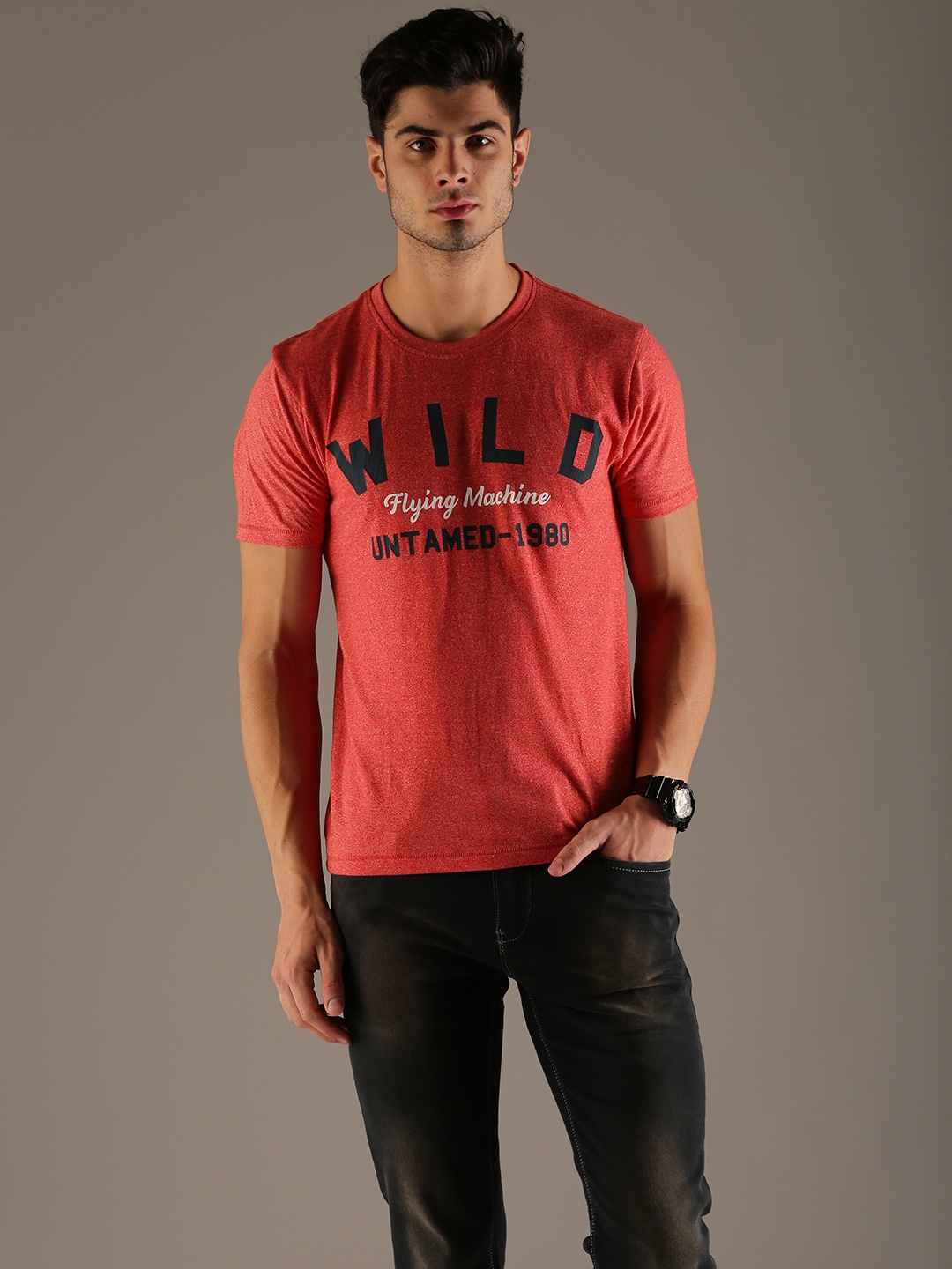 

Flying Machine Men Coral Red Printed Round Neck T-shirt